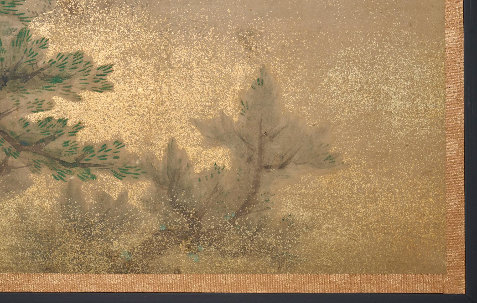 Or Pair of Japanese Two Panel Screens: Misty Cedar Forest en vente