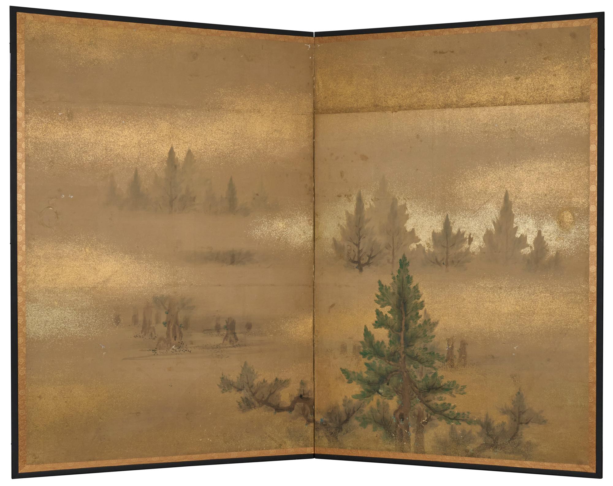 Pair of Japanese Two Panel Screens: Misty Cedar Forest en vente 2