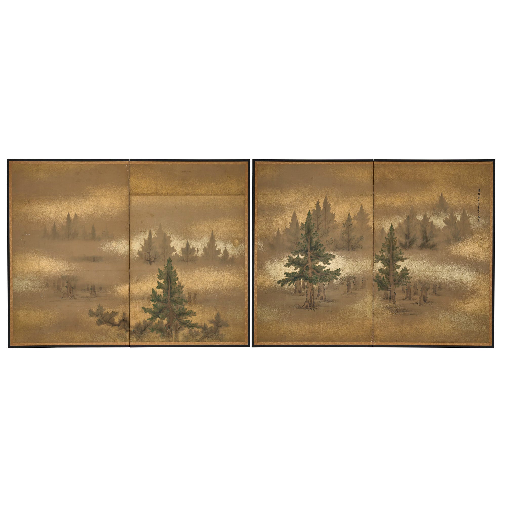 Pair of Japanese Two Panel Screens: Misty Cedar Forest