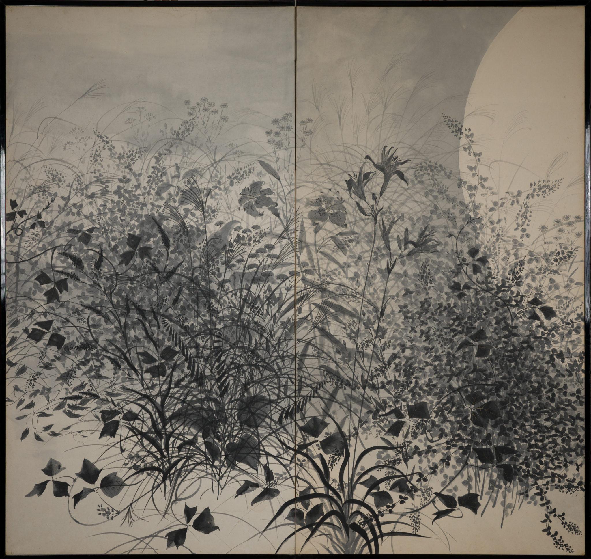 Tinte mit Goldakzenten auf Papier. Von Kodama Sanrei (1915-2002), ausgestellt auf der Nippu-ten 1968. Über den Künstler: Kodama Sanrei wurde in der Präfektur Nagano geboren und studierte bei dem Avantgarde-Maler Kawabata Ryushi. Er stellte zunächst