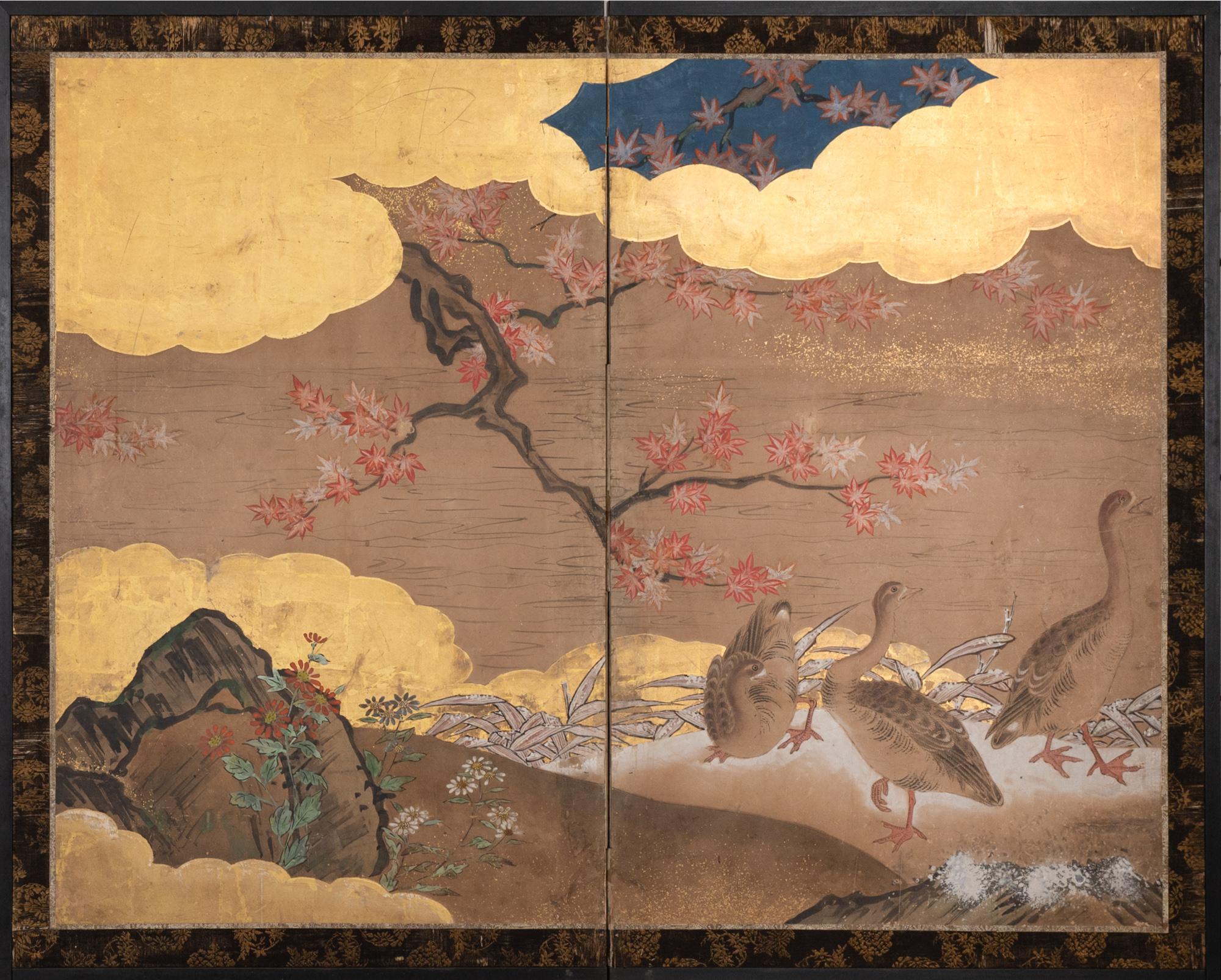 Pair of Japanese Two Panel Screens Rabbits and Geese in Autumn For Sale 7