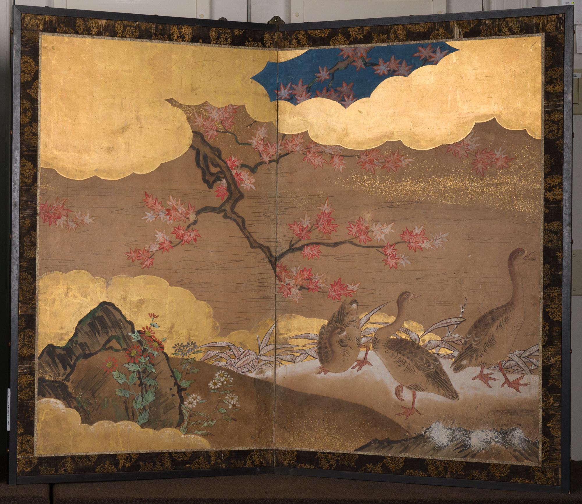 Pair of Japanese Two Panel Screens Rabbits and Geese in Autumn For Sale 8