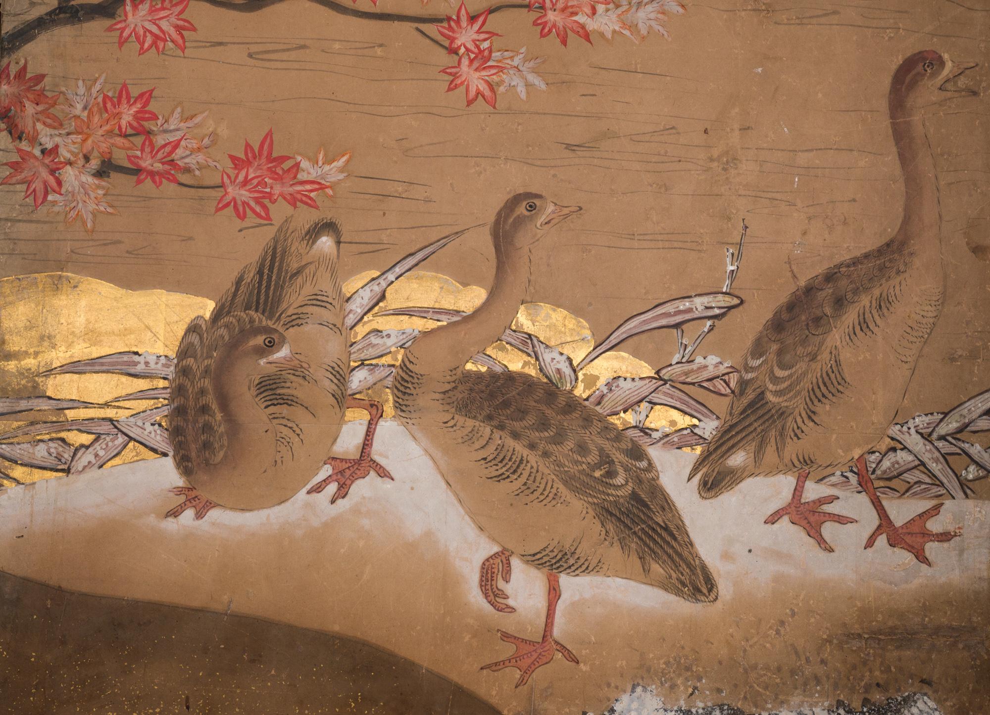 Pair of Japanese Two Panel Screens Rabbits and Geese in Autumn For Sale 10