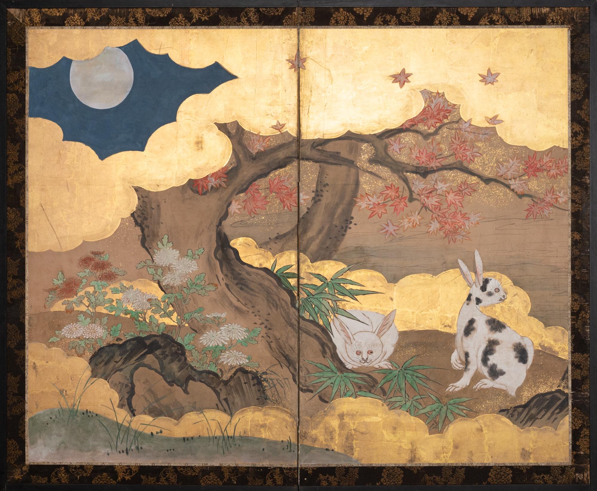 Pair of Japanese Two Panel Screens Rabbits and Geese in Autumn In Good Condition For Sale In Hudson, NY