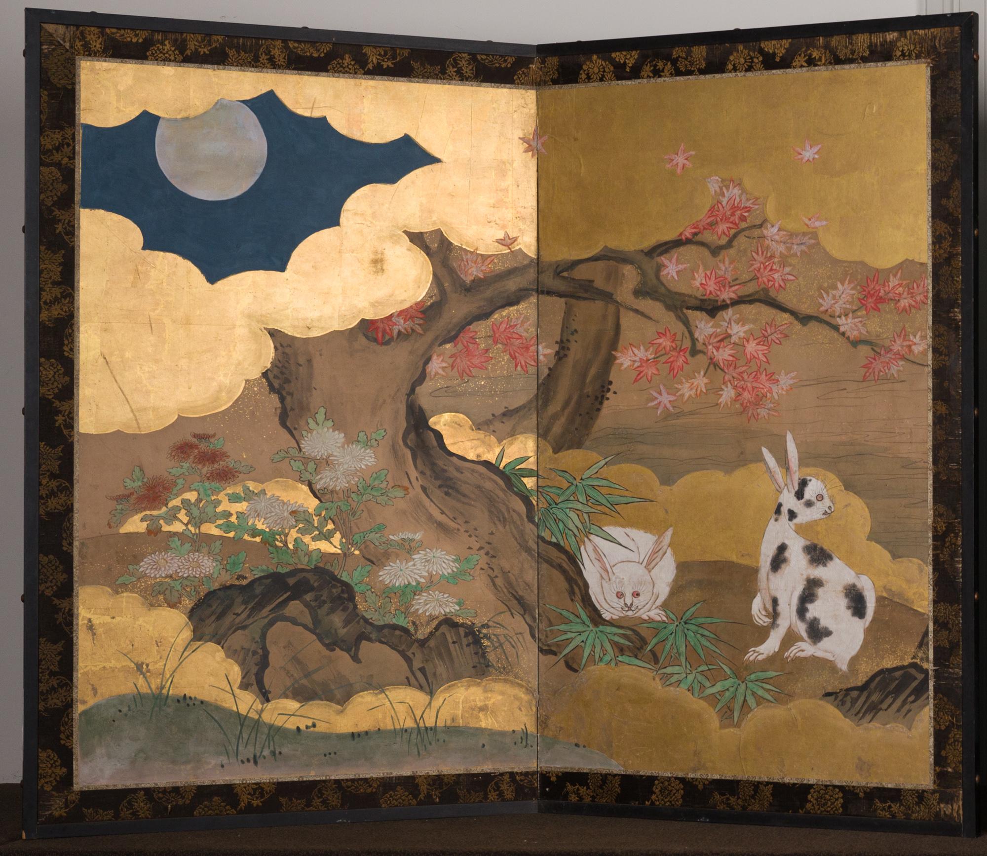 Paire de paravents japonais à deux panneaux représentant des lapins et des oiseaux à l'automne Bon état - En vente à Hudson, NY