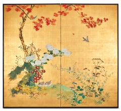 Pair of Japanese Two Panel Screens: Seasonal Landscape – Summer/ Autumn