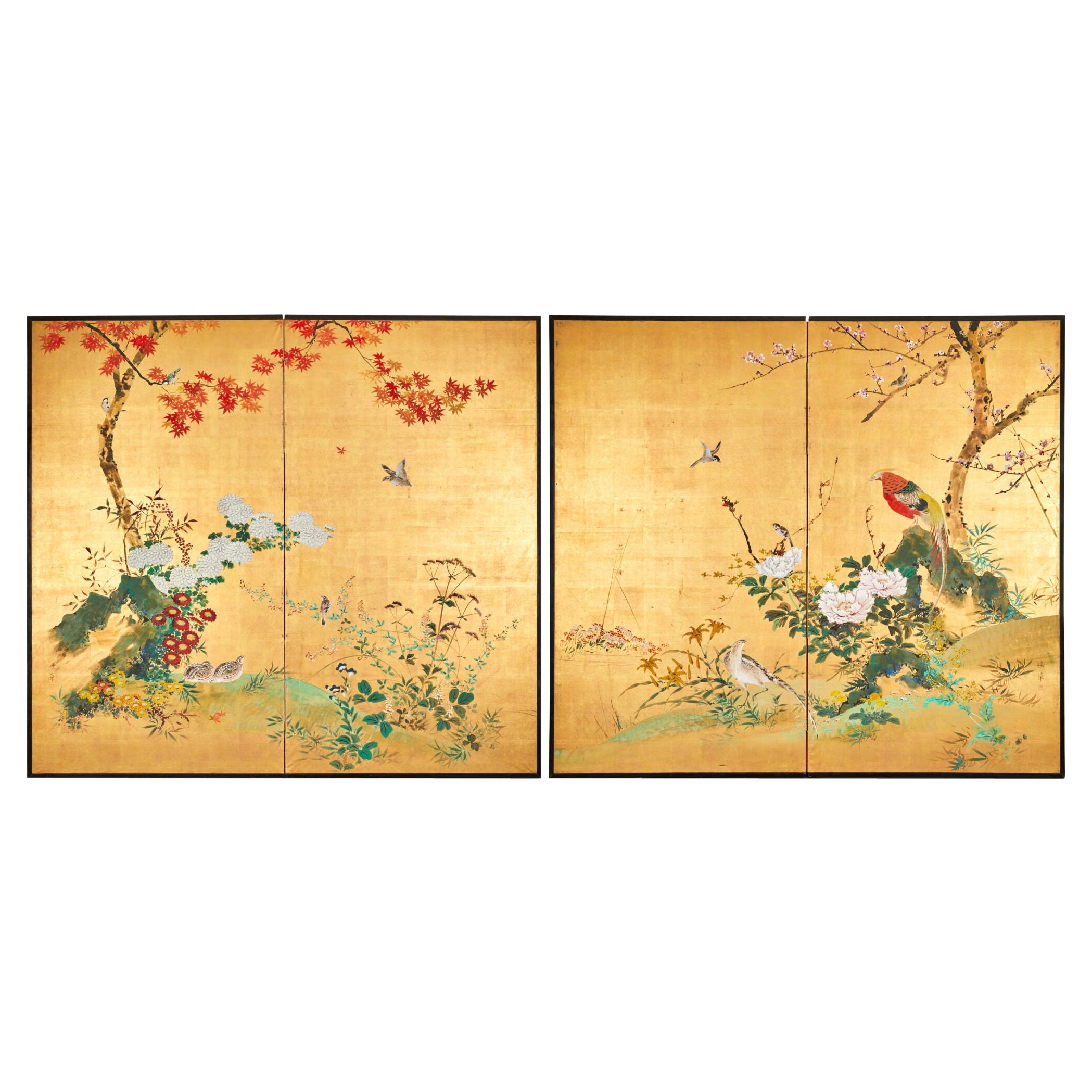 Pair of Japanese Two Panel Screens: Seasonal Landscape – Summer/ Autumn For Sale