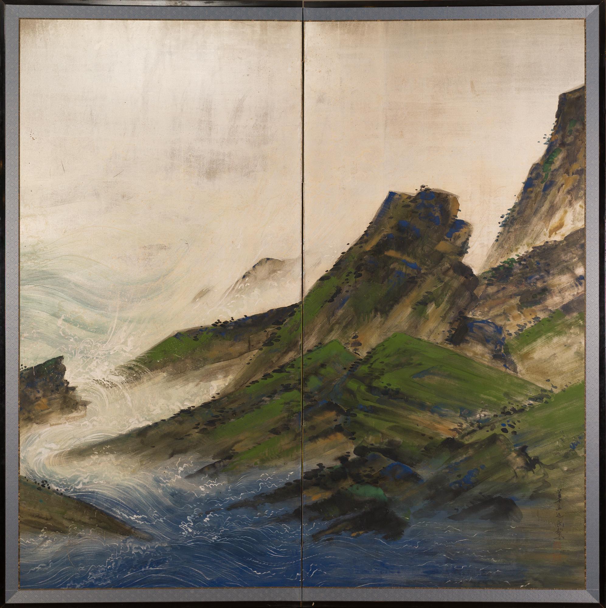 Pair of Japanese Two Panel Screens with Rocky Coastal Landscape on Silver Design 5