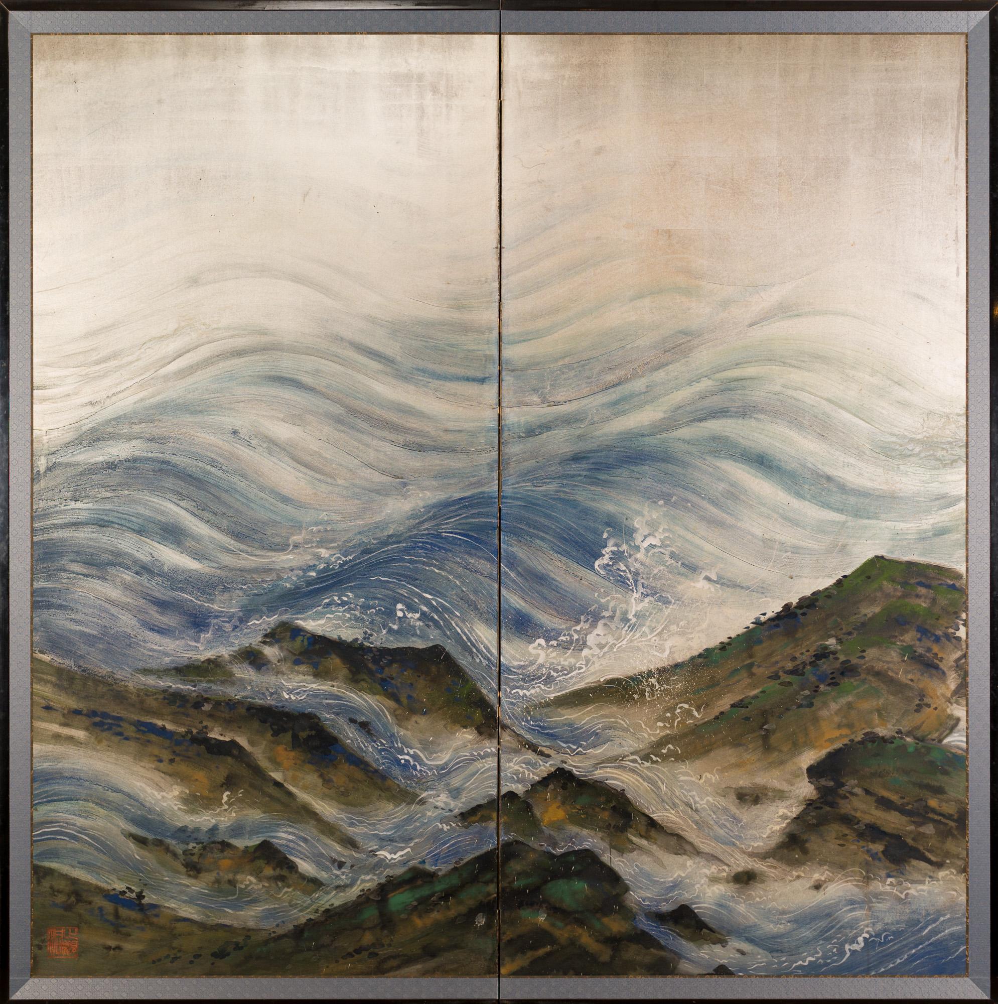 Japanese two panel screen: Rocky coastal landscape on silver, Meiji period (1868-1912) dramatic painting of ocean waves crashing on a rocky shoreline. Beautifully painted sea spray and textured rocks in mineral pigments on silver leaf. Pair
