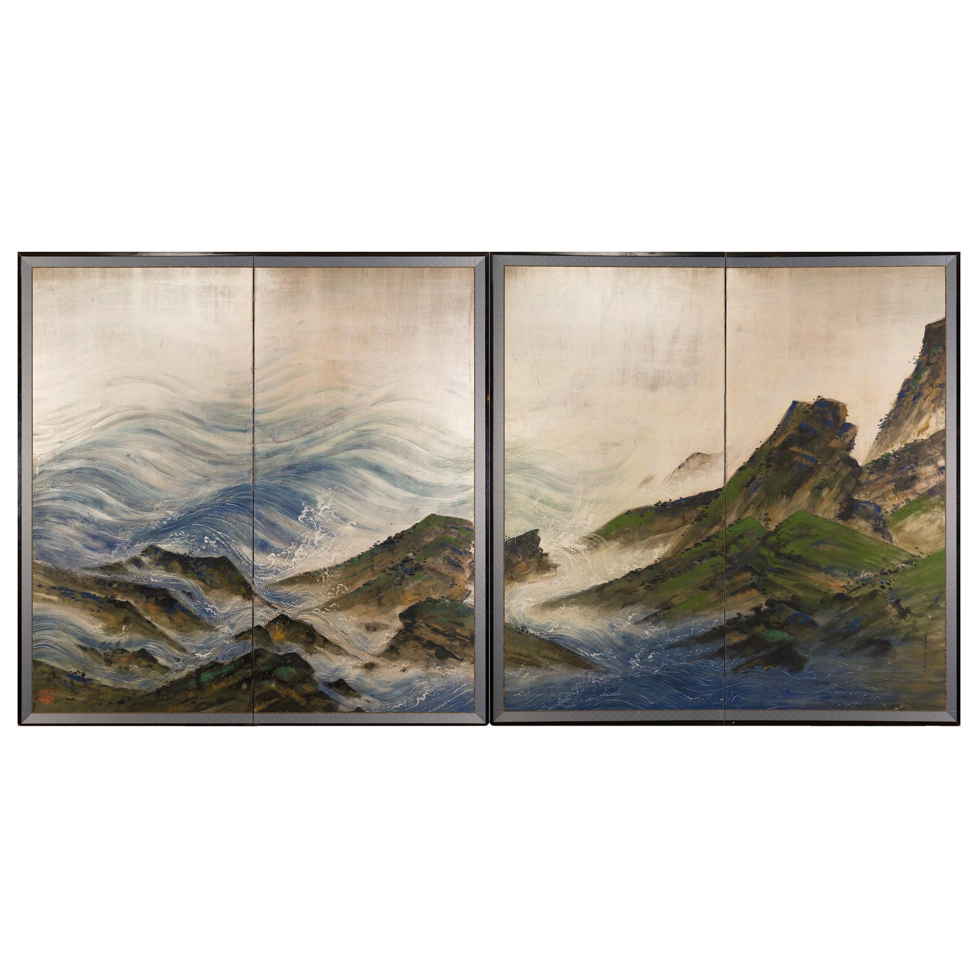 Pair of Japanese Two Panel Screens with Rocky Coastal Landscape on Silver Design