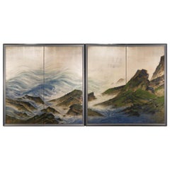 Antique Pair of Japanese Two Panel Screens with Rocky Coastal Landscape on Silver Design