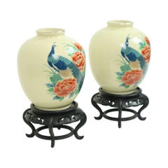 Pair of Japanese Vases Peacocks Flowers Crackle Ceramic 26cm
