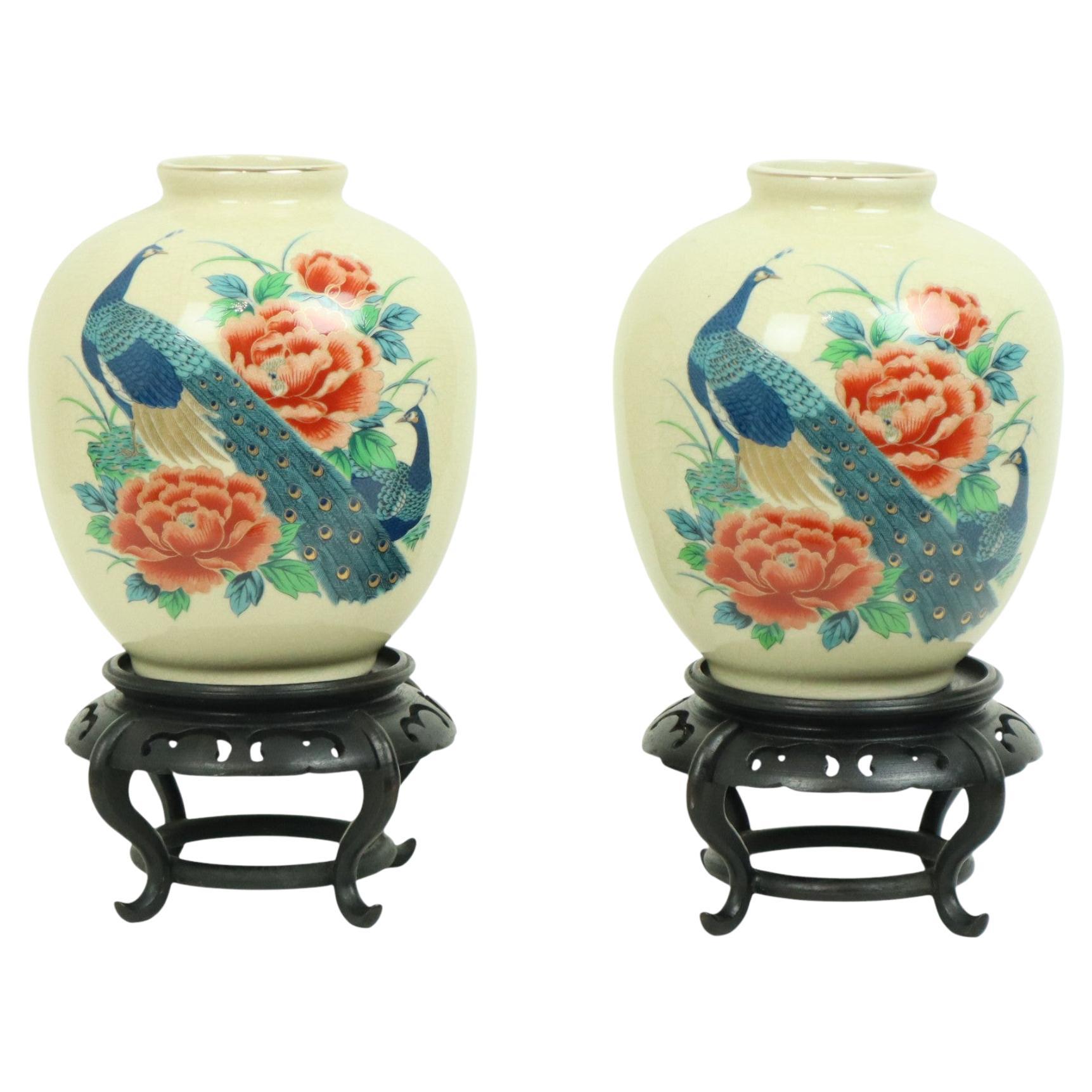 Coppia di vasi giapponesi Pavoni Fiori Ceramica Crackle 26cm in vendita