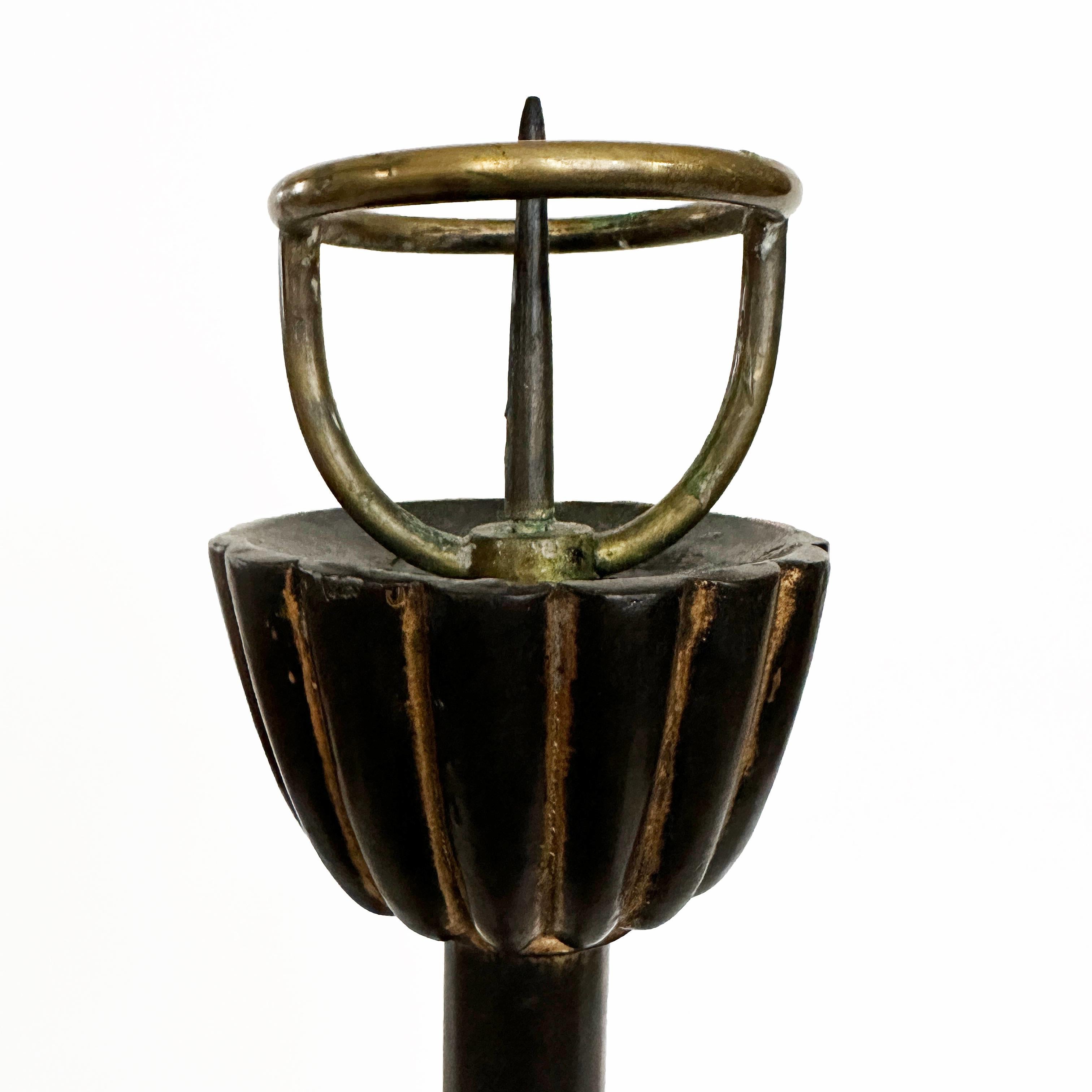 Meiji Pair Of Japanese Wood Shokudai with Chrysanthemum Base And Brass Prickets For Sale
