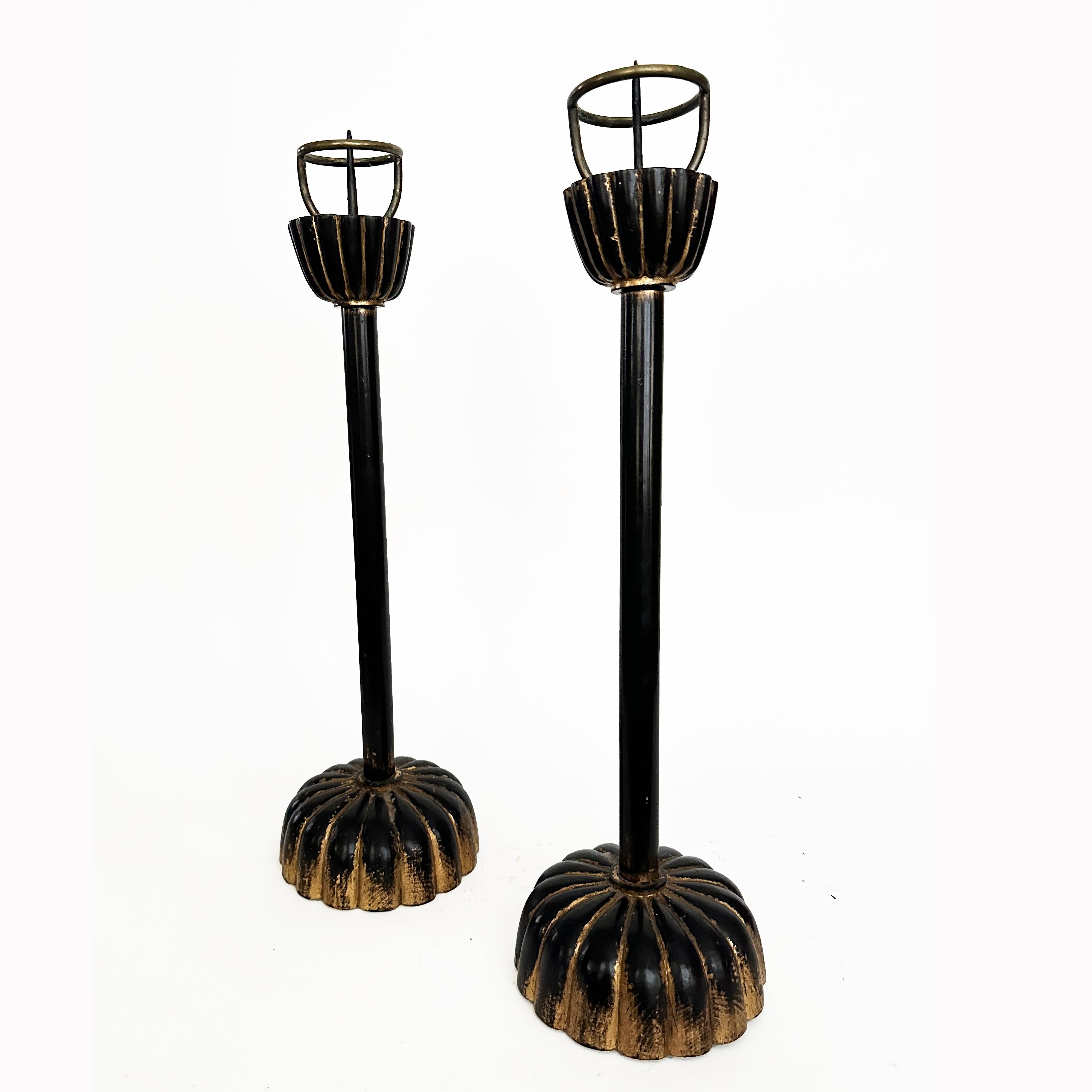 Hand-Carved Pair Of Japanese Wood Shokudai with Chrysanthemum Base And Brass Prickets For Sale
