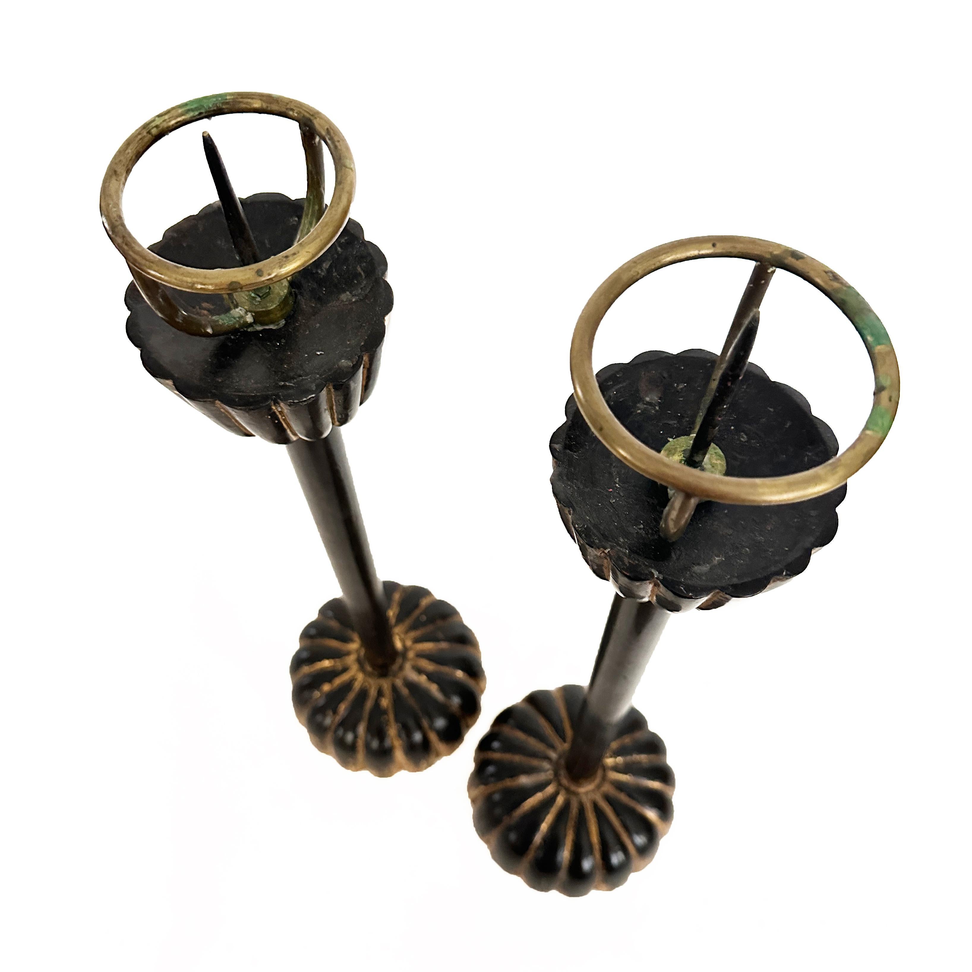 Pair Of Japanese Wood Shokudai with Chrysanthemum Base And Brass Prickets In Good Condition For Sale In Point Richmond, CA
