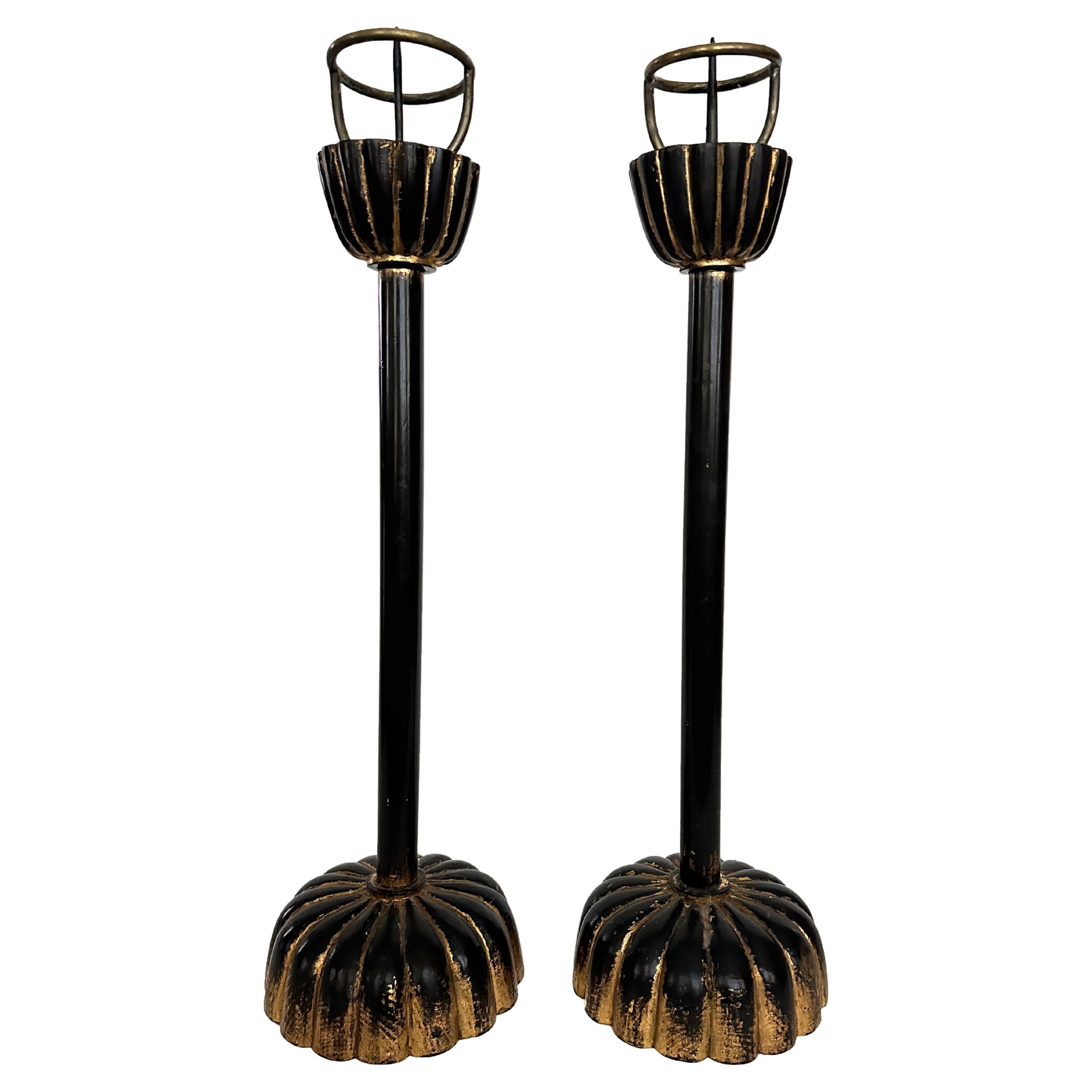 Pair Of Japanese Wood Shokudai with Chrysanthemum Base And Brass Prickets