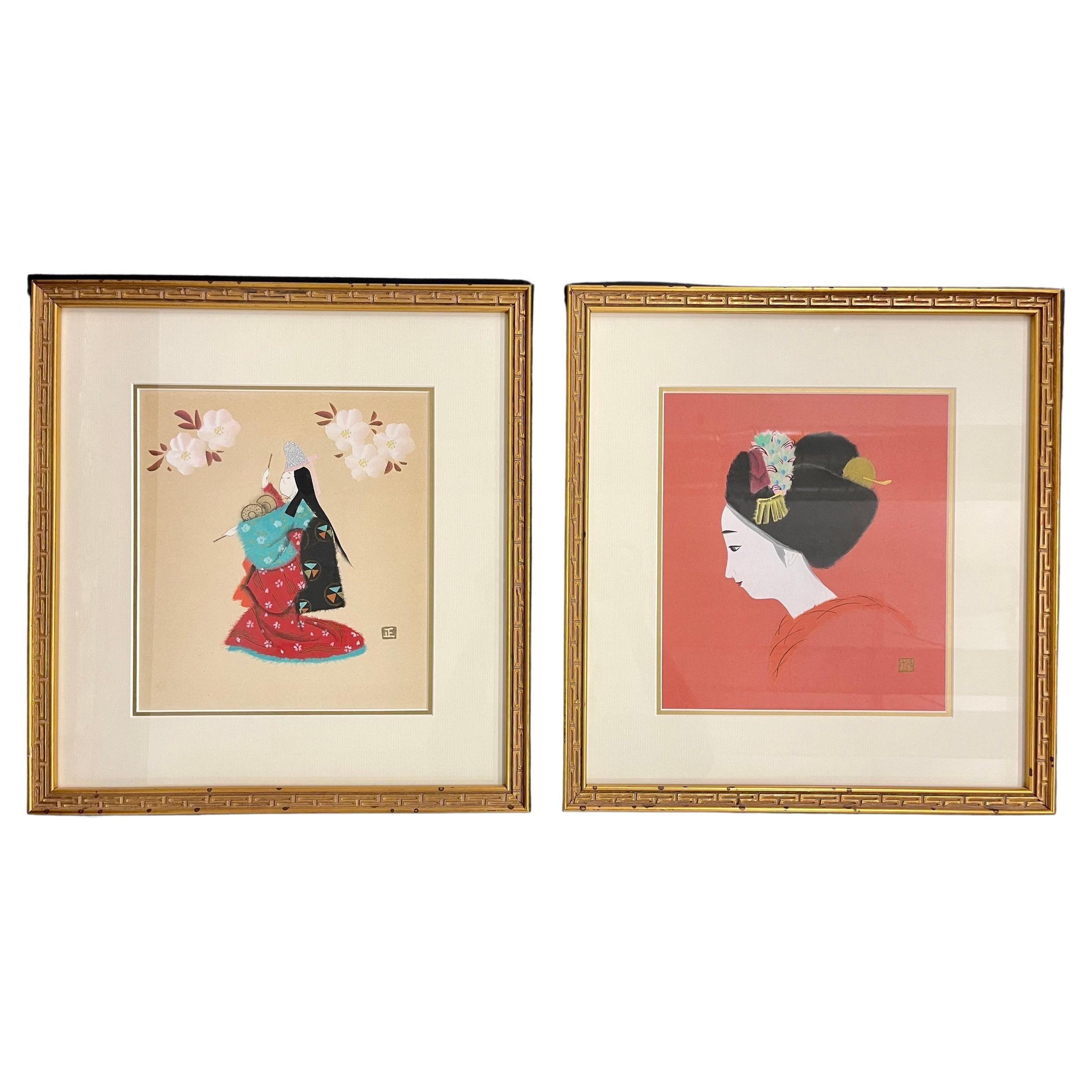 Pair of Japanese Woodblocks Custom Frames Signed For Sale
