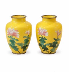 Pair of Japanese Yellow Ground Enamel Vases with Chrysanthemum Motif
