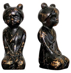Pair of Japanese Zen Figure Patinated Iron Bookends in Black and Gold