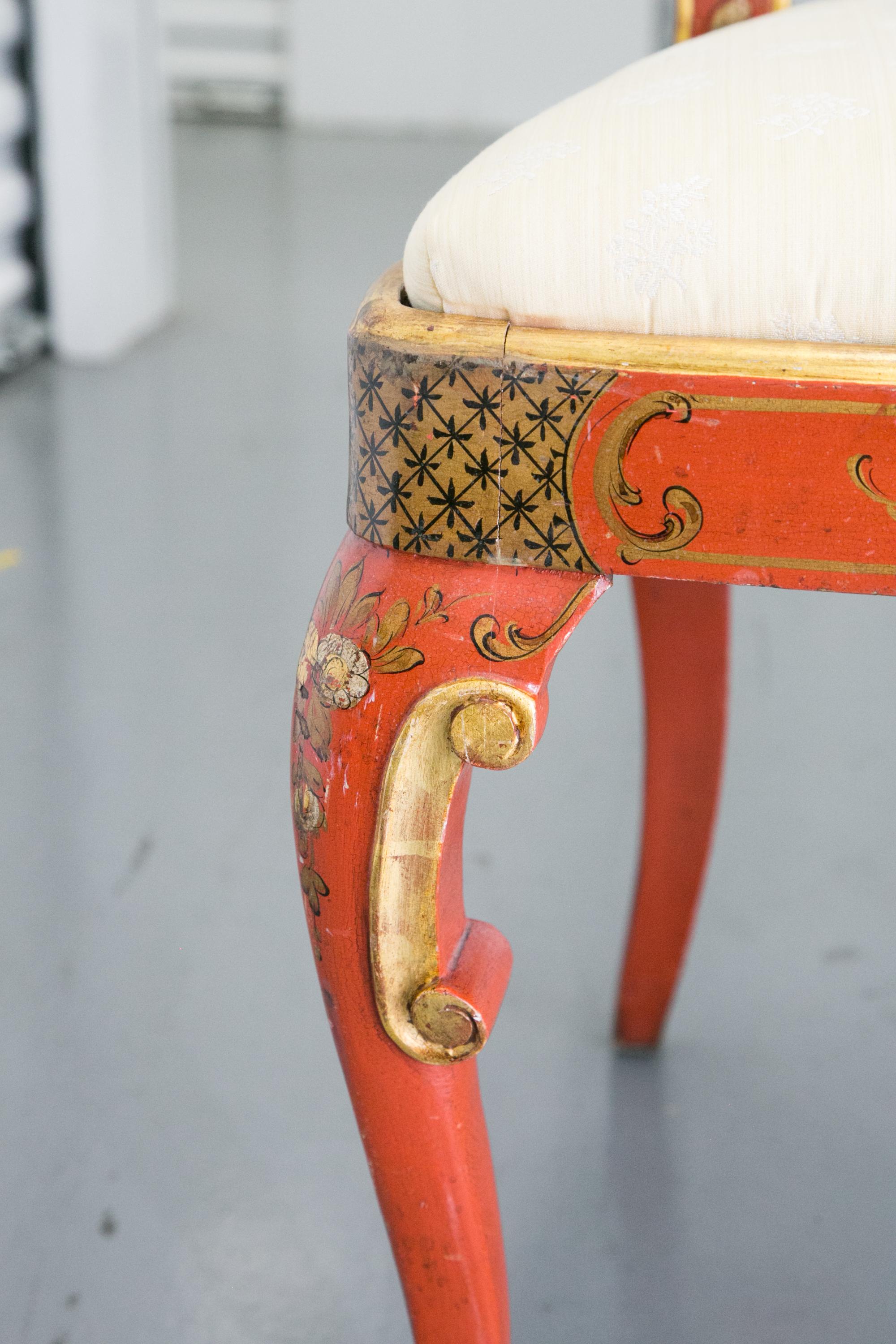 Queen Anne Pair of 'Japanned' or Chinoiserie Chinese Red Side Chairs