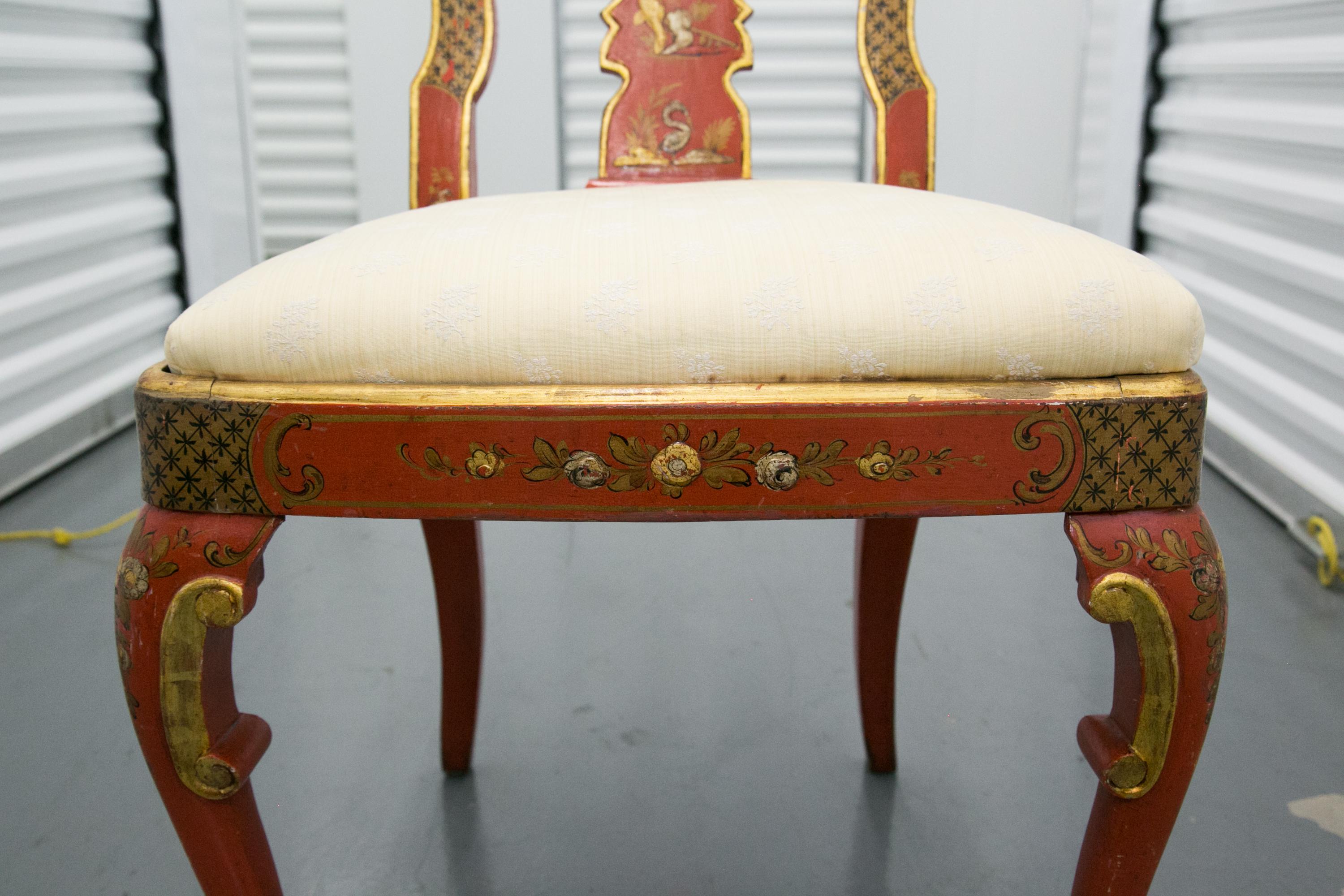 English Pair of 'Japanned' or Chinoiserie Chinese Red Side Chairs