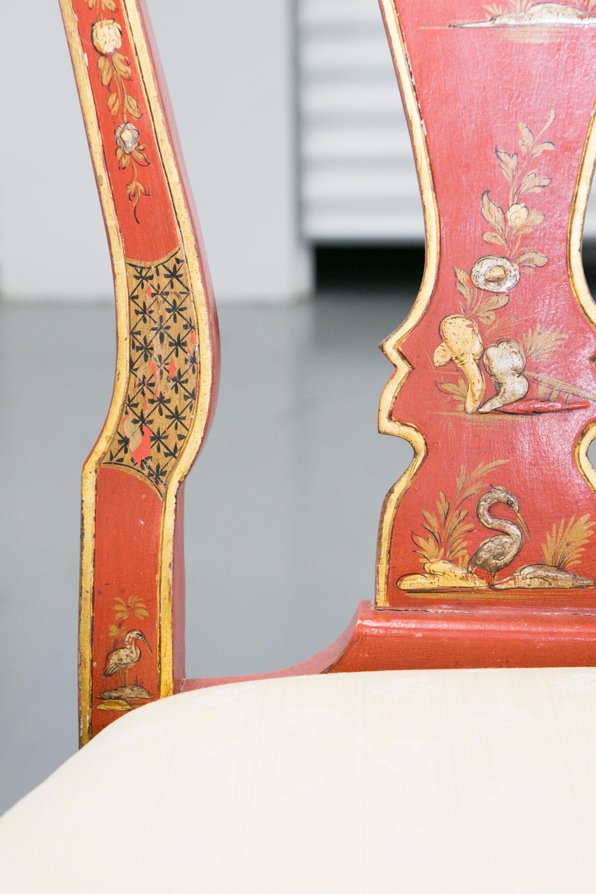 Wood Pair of 'Japanned' or Chinoiserie Chinese Red Side Chairs