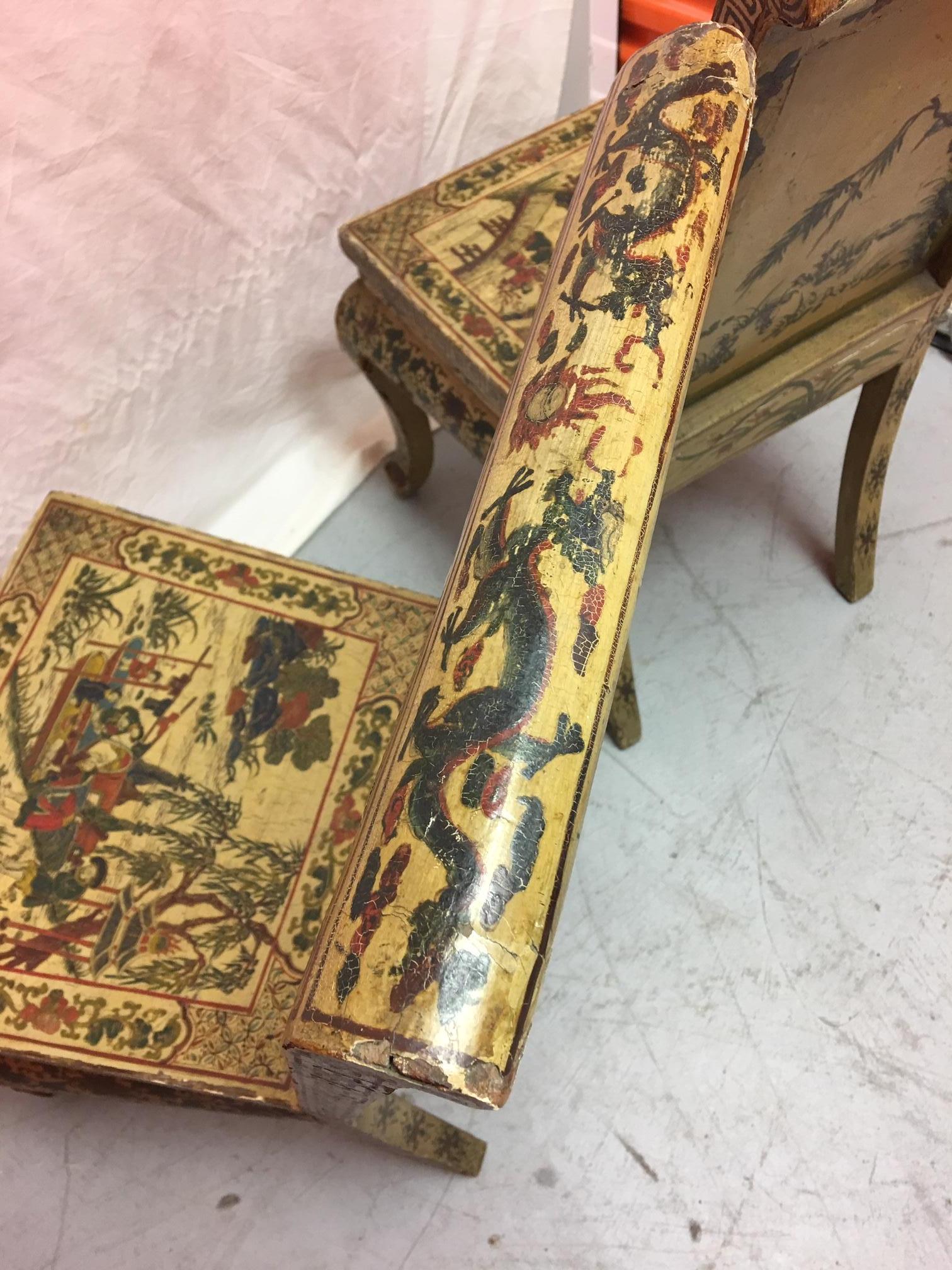 Pair of Japanned or Chinoiserie Painted Chinese Chairs, circa 1940 5