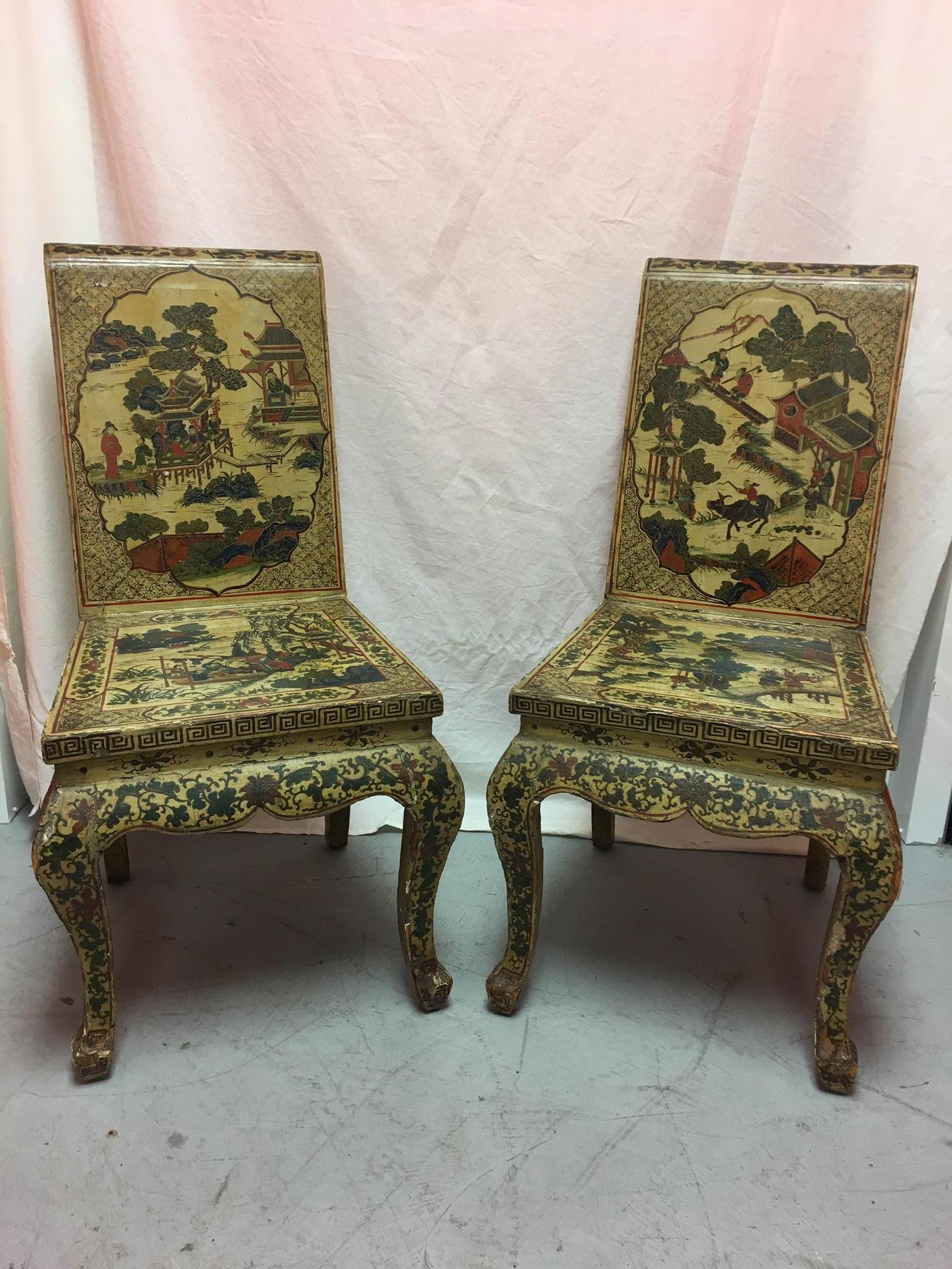 Pair of japanned or chinoiserie painted Chinese chairs, circa 1940.