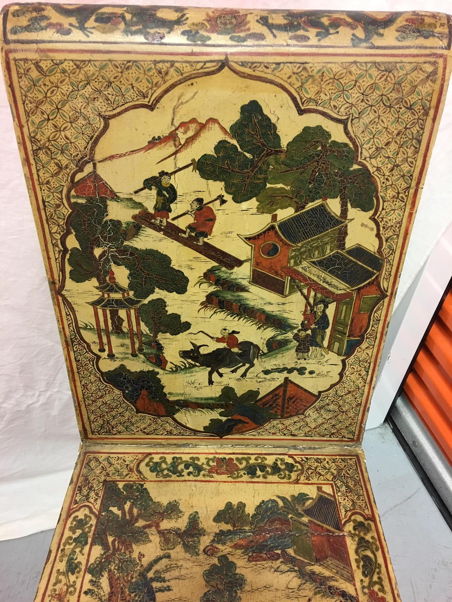 Wood Pair of Japanned or Chinoiserie Painted Chinese Chairs, circa 1940