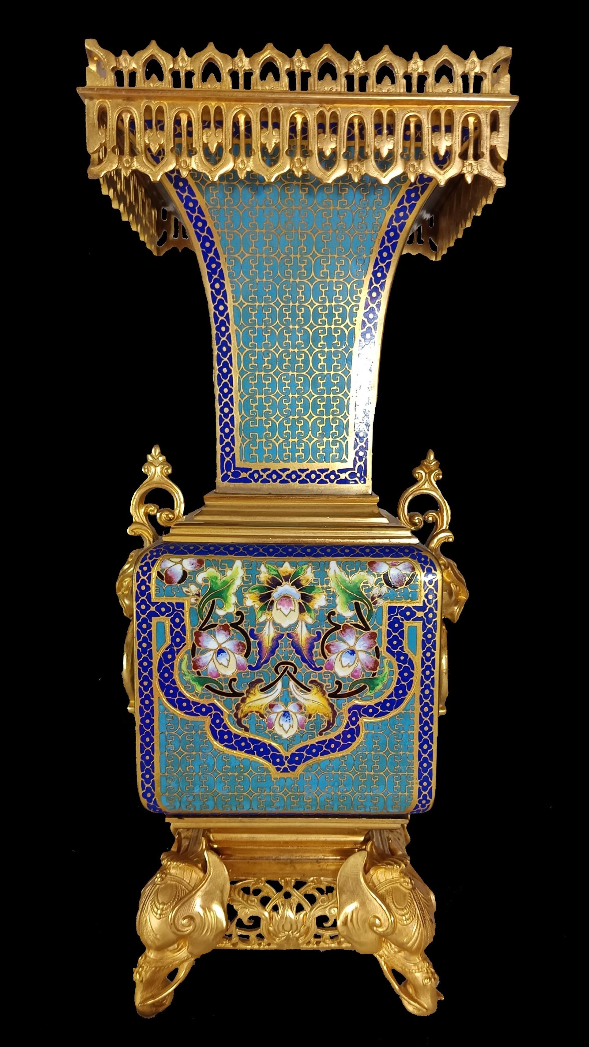 French Pair of Japonisme Cloisonné Enamel Vases att. to F. Barbedienne & E. Lievre For Sale