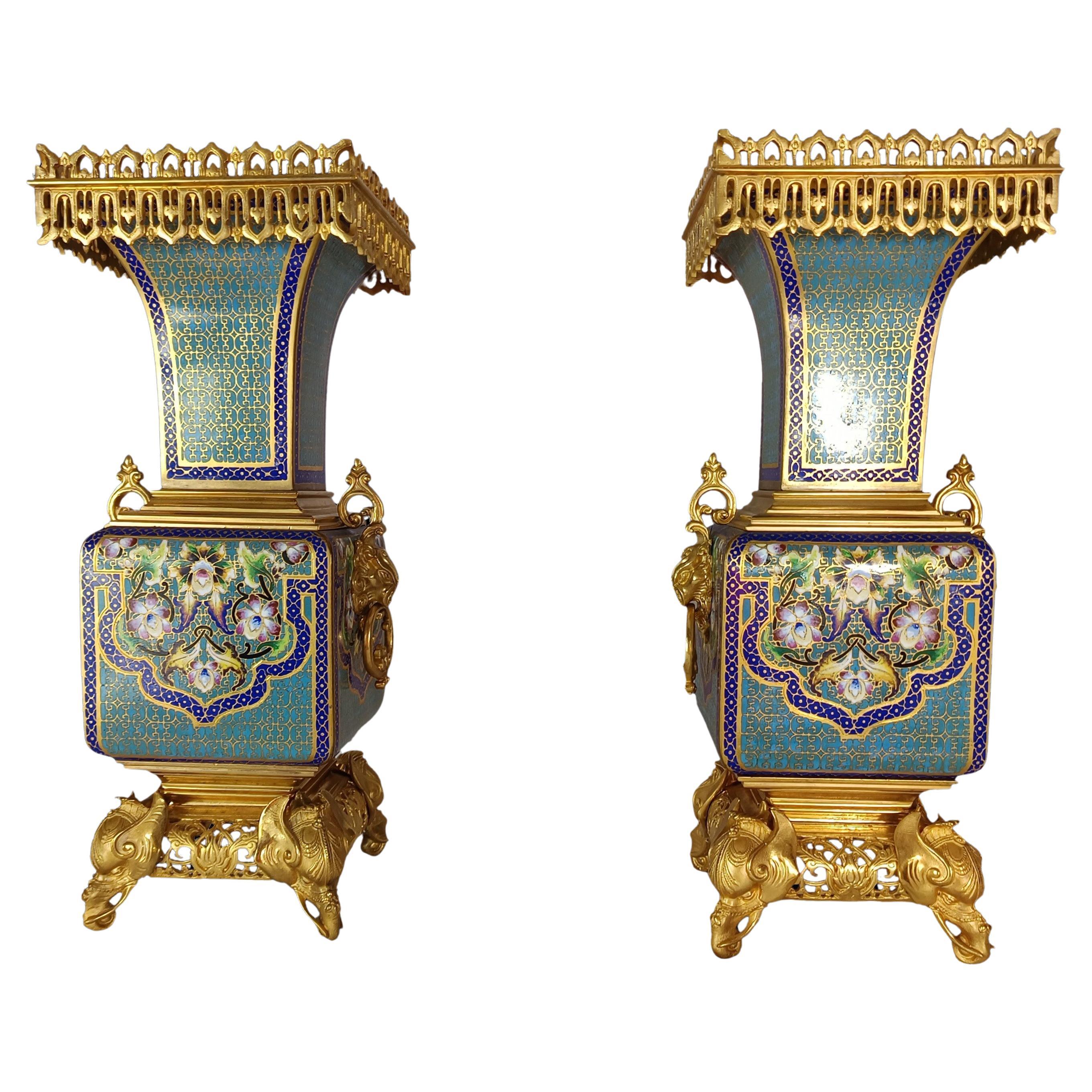Pair of Japonisme Cloisonn�é Enamel Vases att. to F. Barbedienne & E. Lievre For Sale