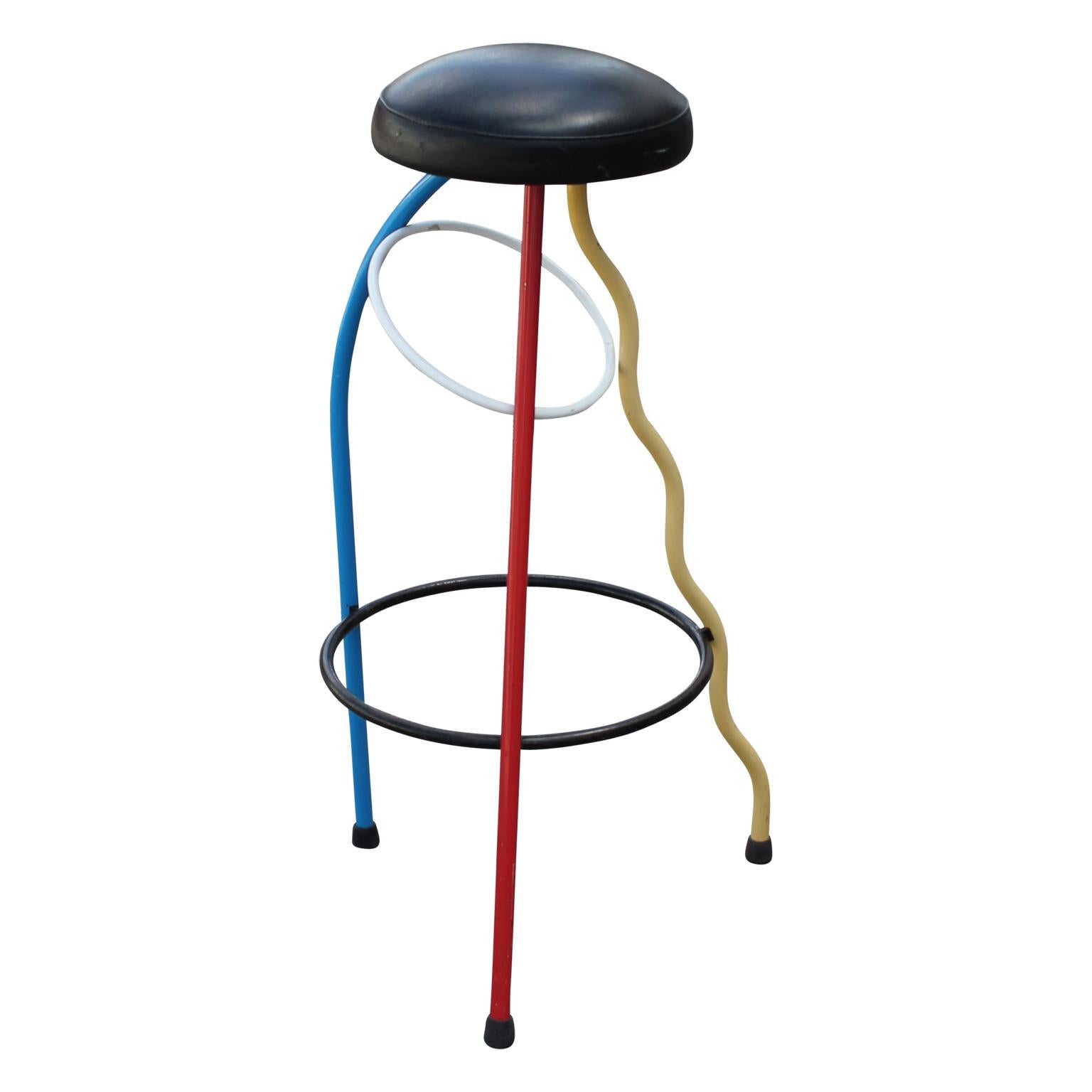 Modern Pair of Javier Mariscal Memphis Duplex Bar Stools in Red, Blue, and Yellow