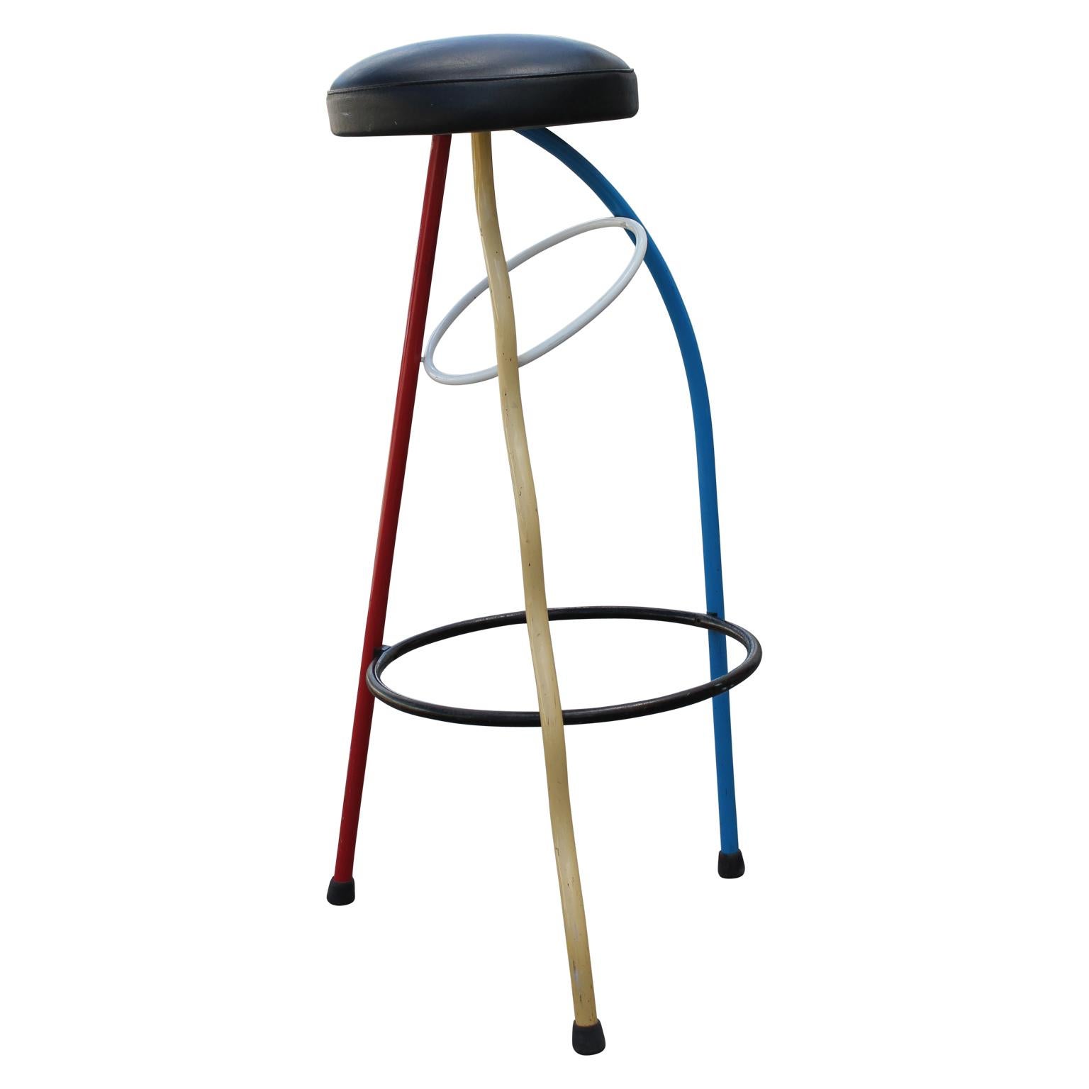 Spanish Pair of Javier Mariscal Memphis Duplex Bar Stools in Red, Blue, and Yellow
