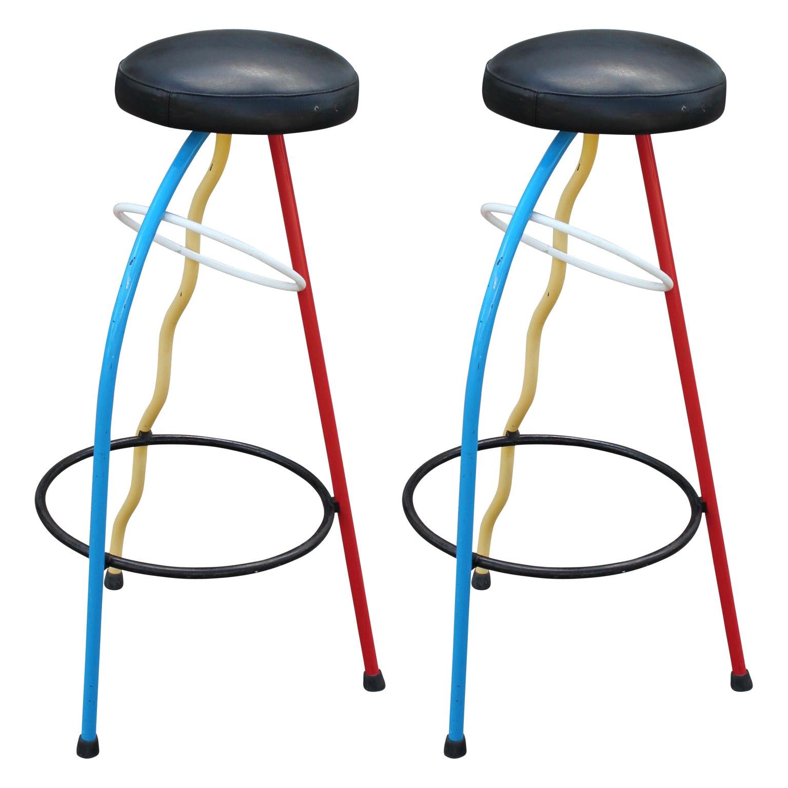 Pair of Javier Mariscal Memphis Duplex Bar Stools in Red, Blue, and Yellow