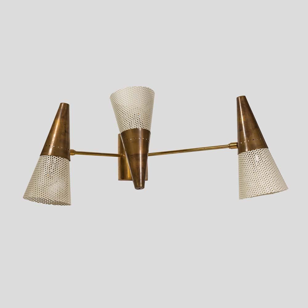 Brass  Pair of JDV 3 wall lights brass with white enamelled shades by Diego Mardegan For Sale
