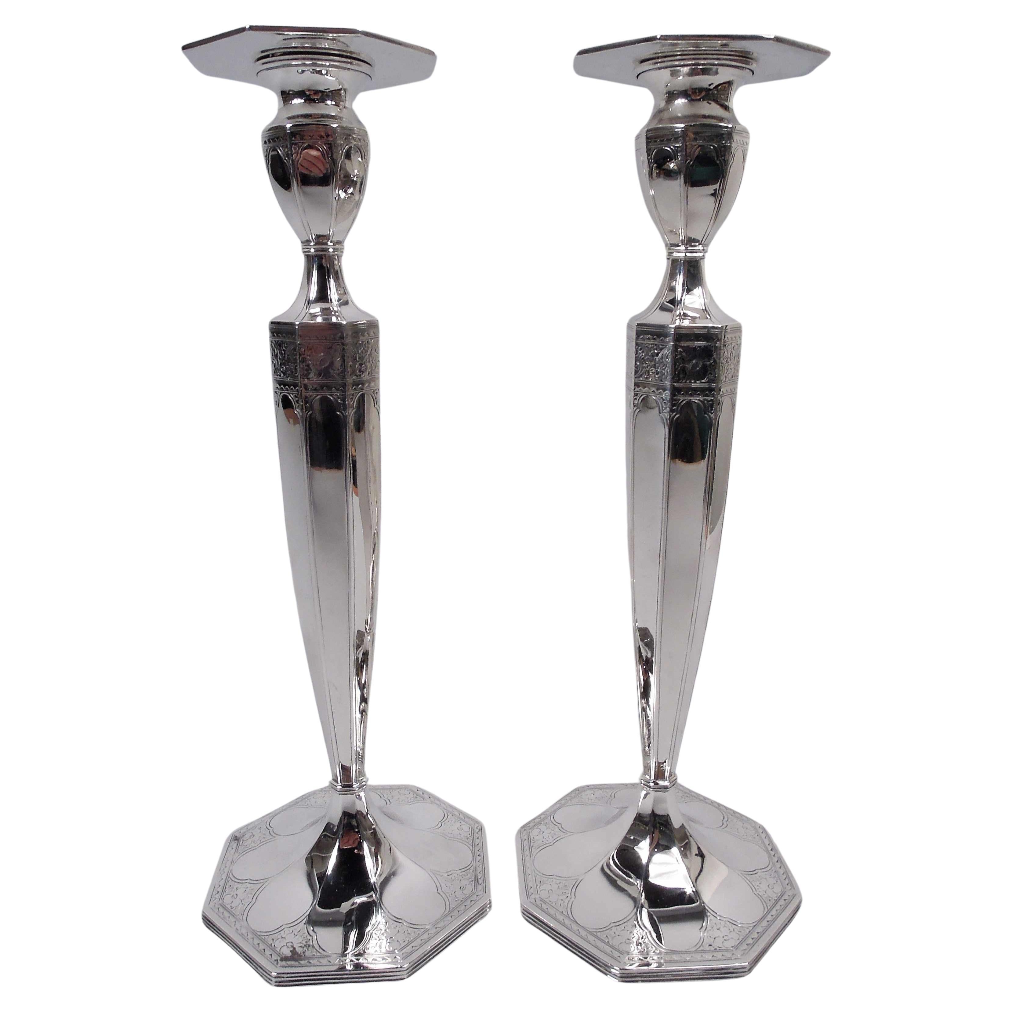 Pair of JE Caldwell Edwardian Classical Sterling Silver Candlesticks For Sale