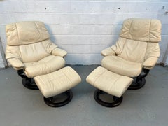 Pair of J.E Ekornes "Stressless" Leather Recliners w/ Matching Ottomans