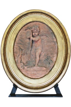 Paar ovale Terrakotta-Basrelief-Plaketten von Jean Baptiste Vietty mit Cherub:: signiert a