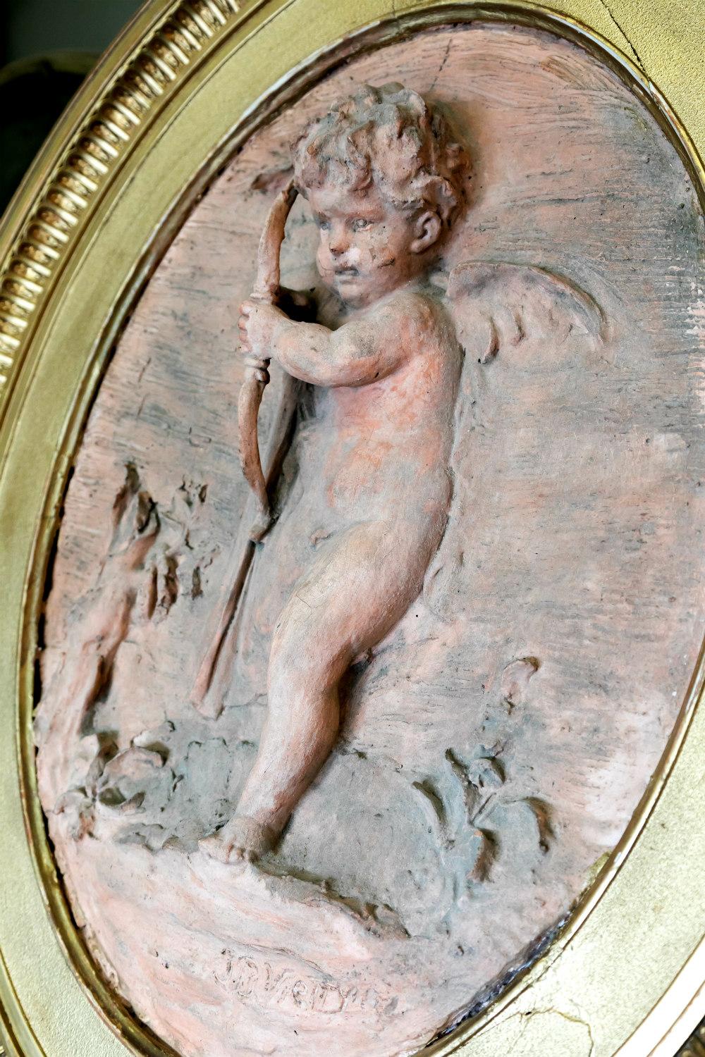 Early 19th Century Pair of Jean Baptiste Vietty Oval Terracotta Bas Relief Cherub Plaques, Signed a