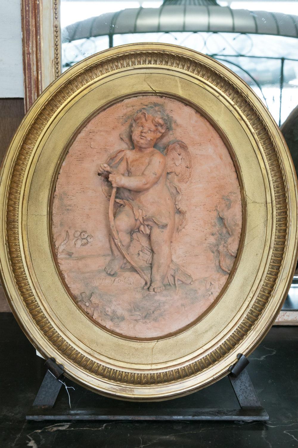 Pair of Jean Baptiste Vietty Oval Terracotta Bas Relief Cherub Plaques, Signed a 3
