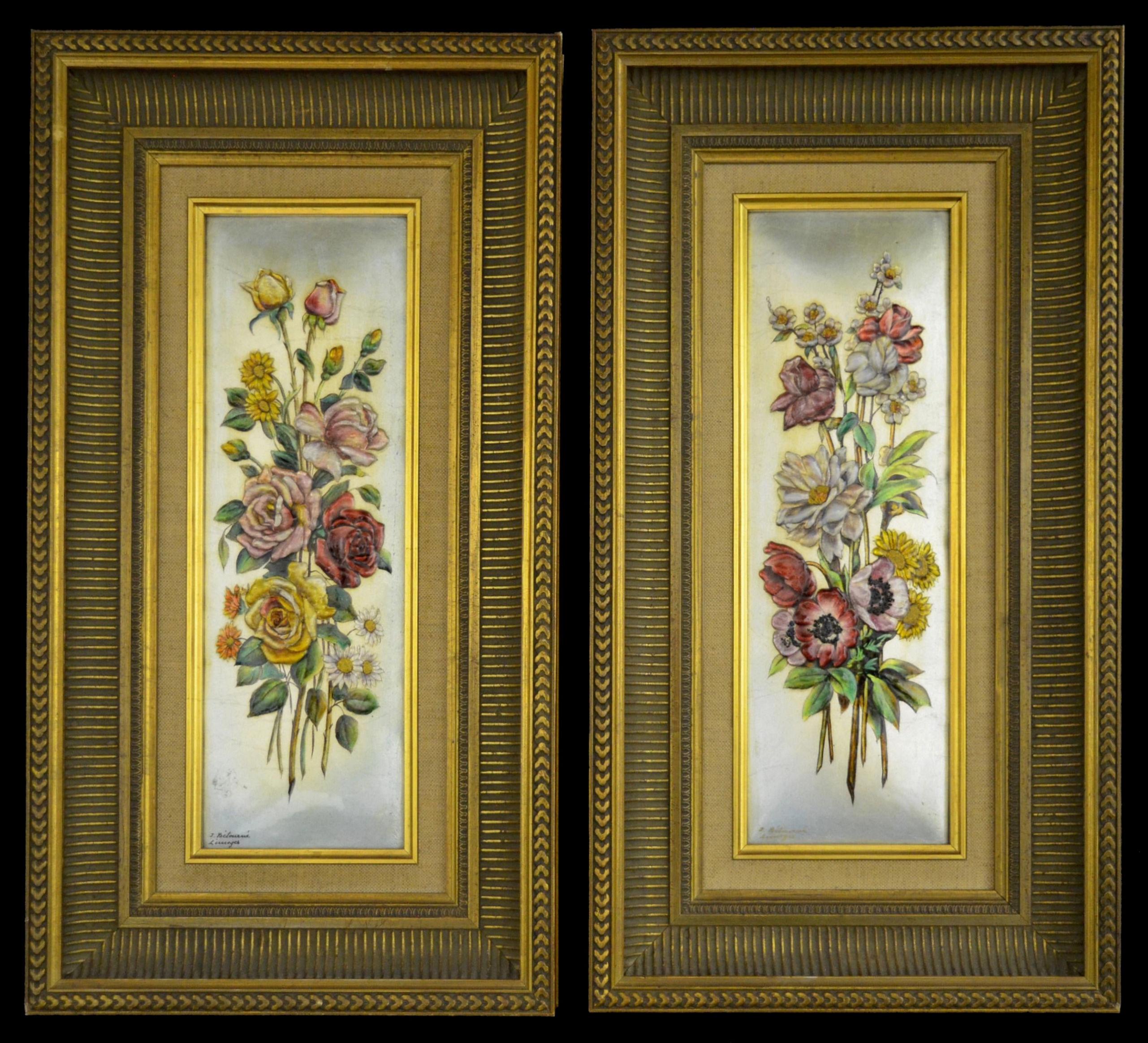 Pair framed enamel plaques by the Maitre Emailleur, Jean Betourne of Limoges, France. Each signed. Plaques measure approximately 5 by 13 inches and frames measure 10 by 18 inches.