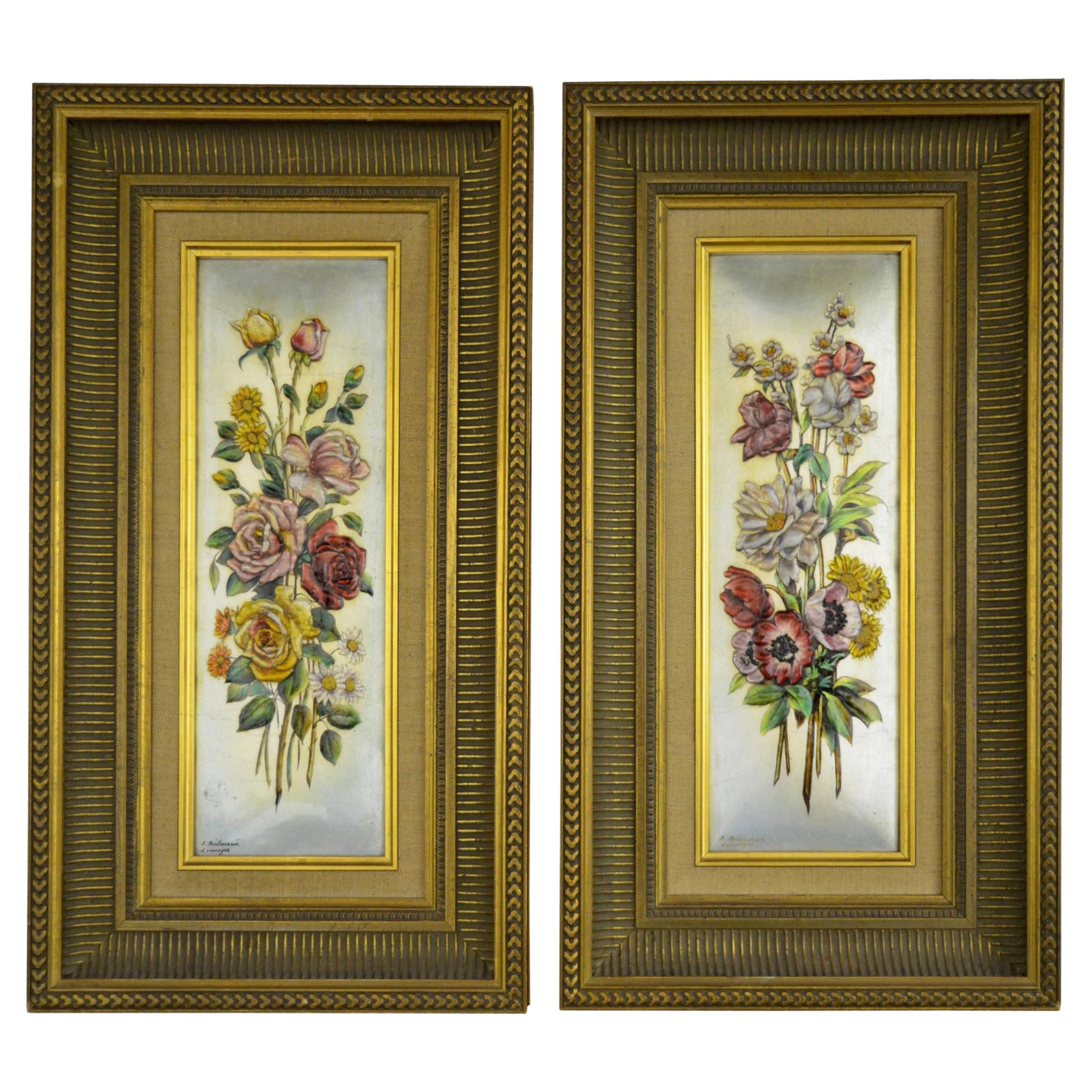 Pair of Jean Betourne Floral Limoges Enamel Plaques For Sale
