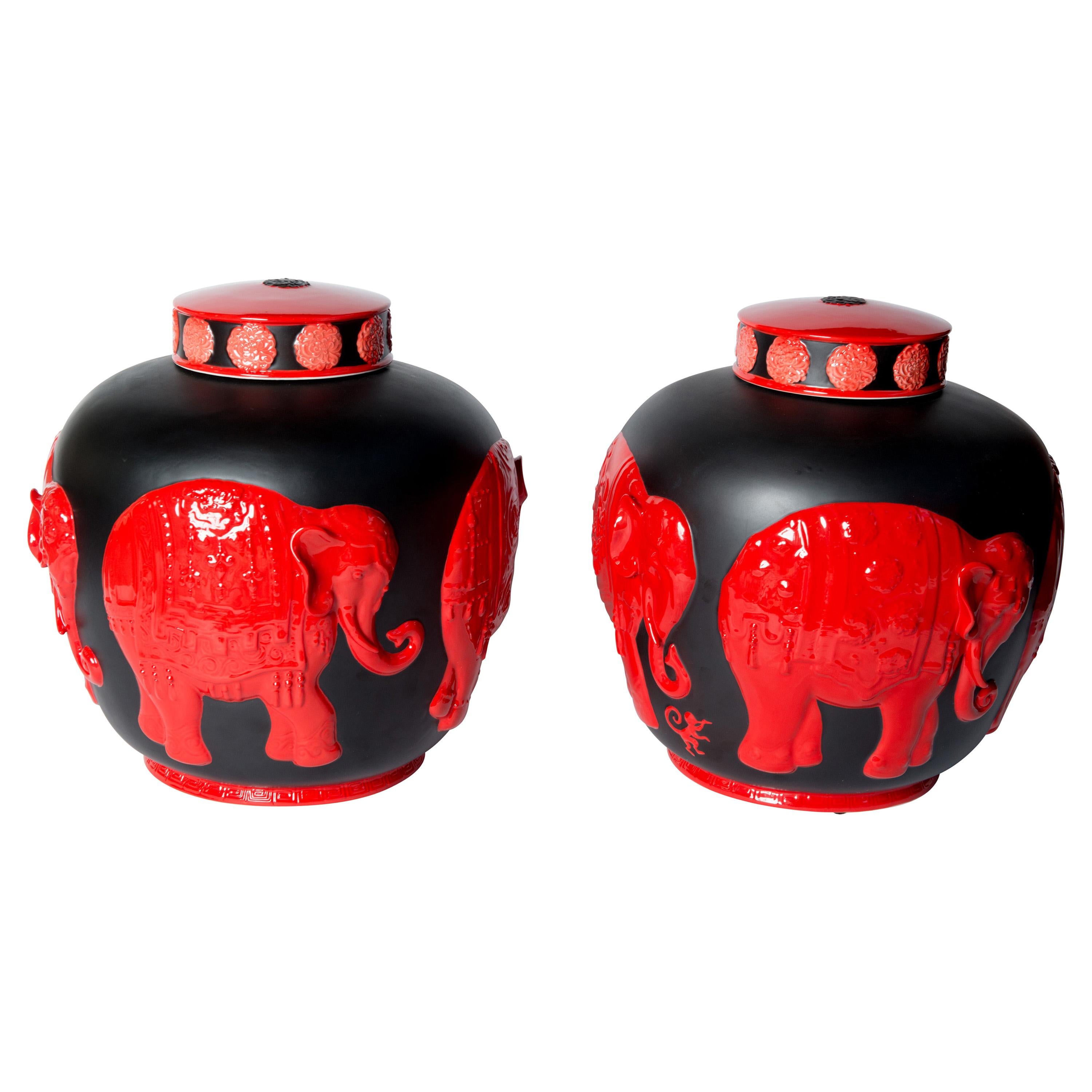 Pair of Jean Boggio Coral Red and Black Elephant Lidded Ginger Jars For Sale