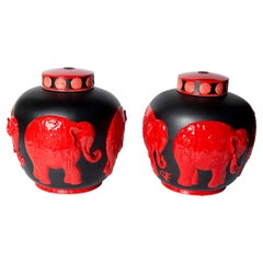 Pair of Jean Boggio Coral Red and Black Elephant Lidded Ginger Jars