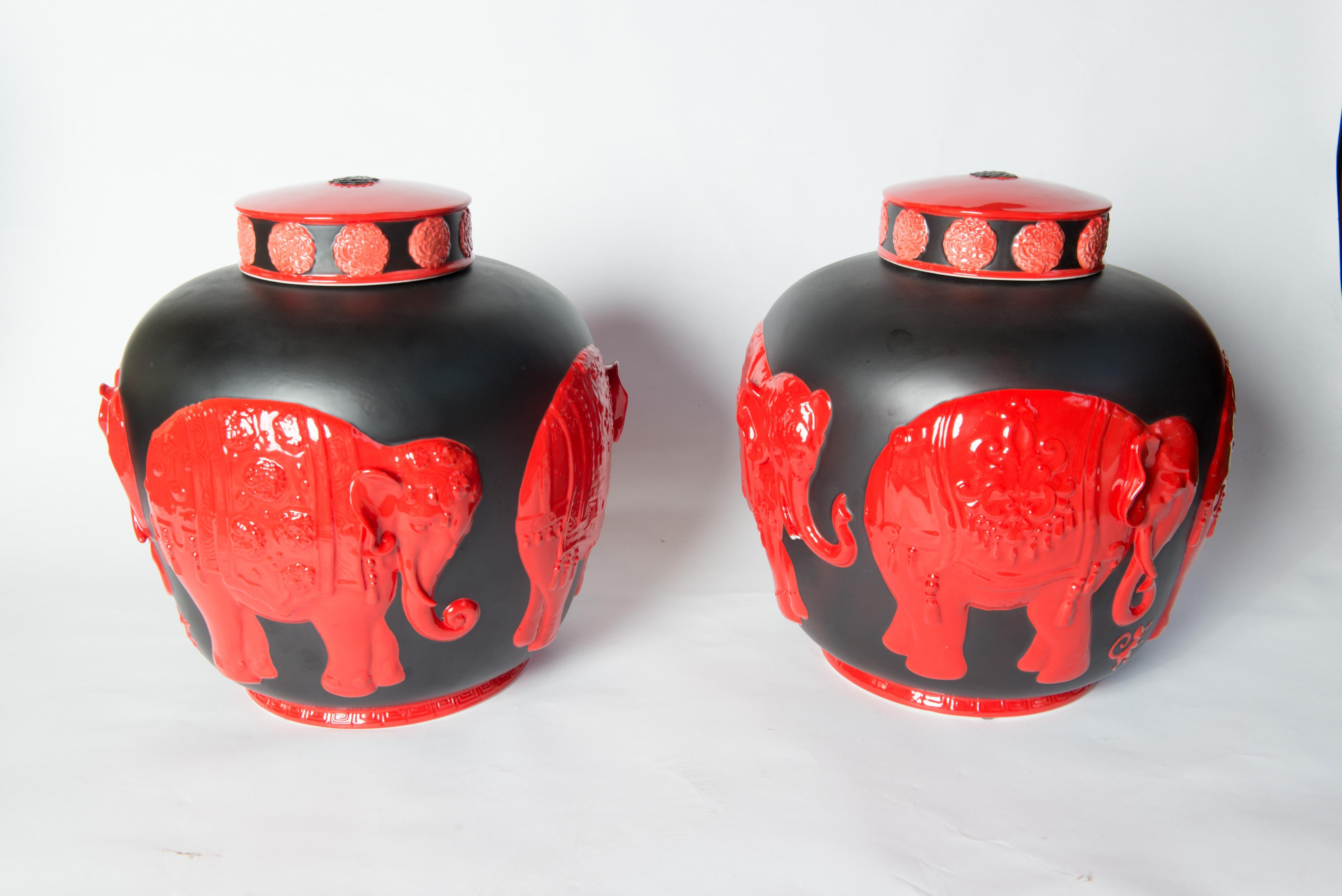 Pair of Jean Boggio Coral Red and Black Elephant Lidded Ginger Jars For Sale 1