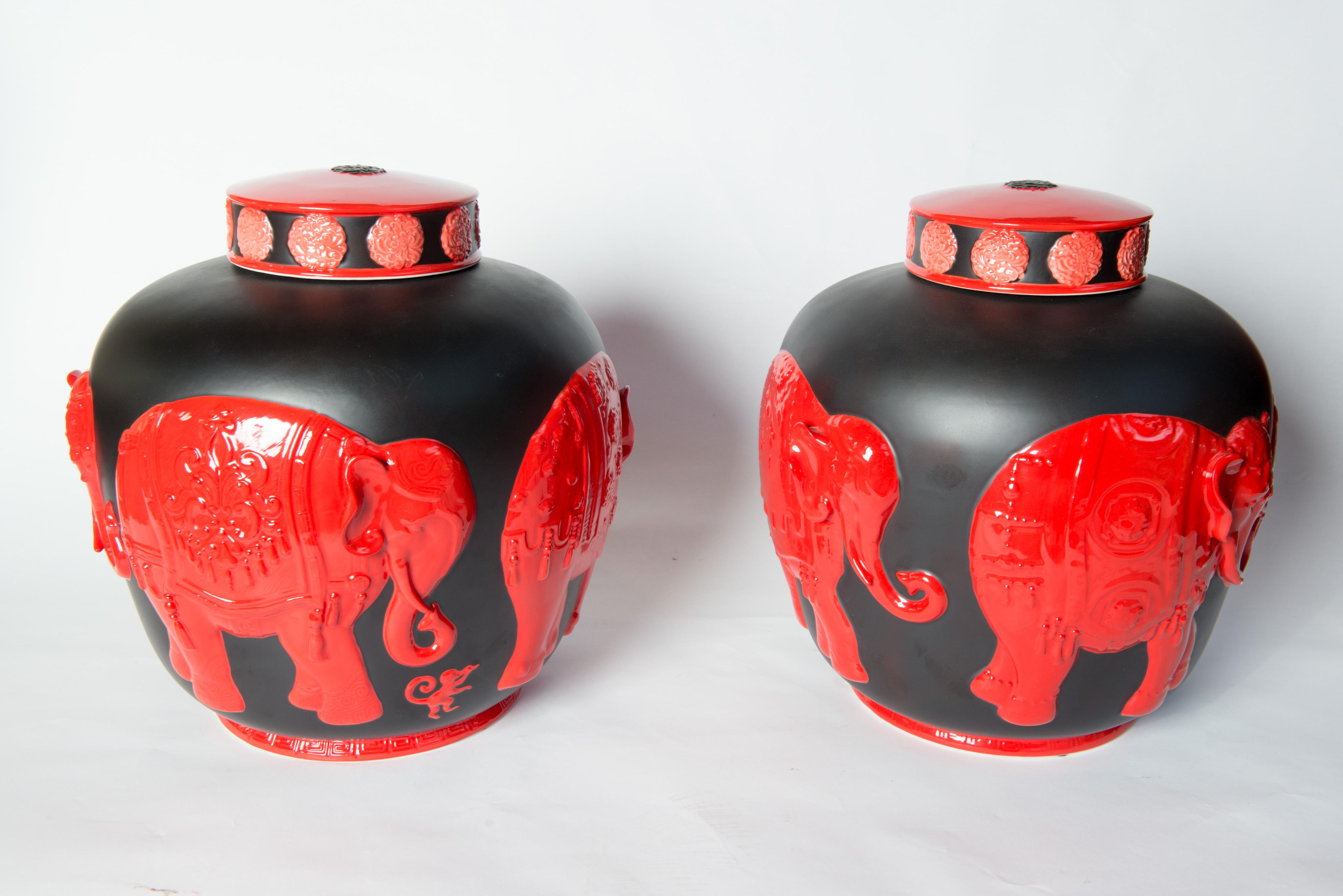 Pair of Jean Boggio Coral Red and Black Elephant Lidded Ginger Jars For Sale 2