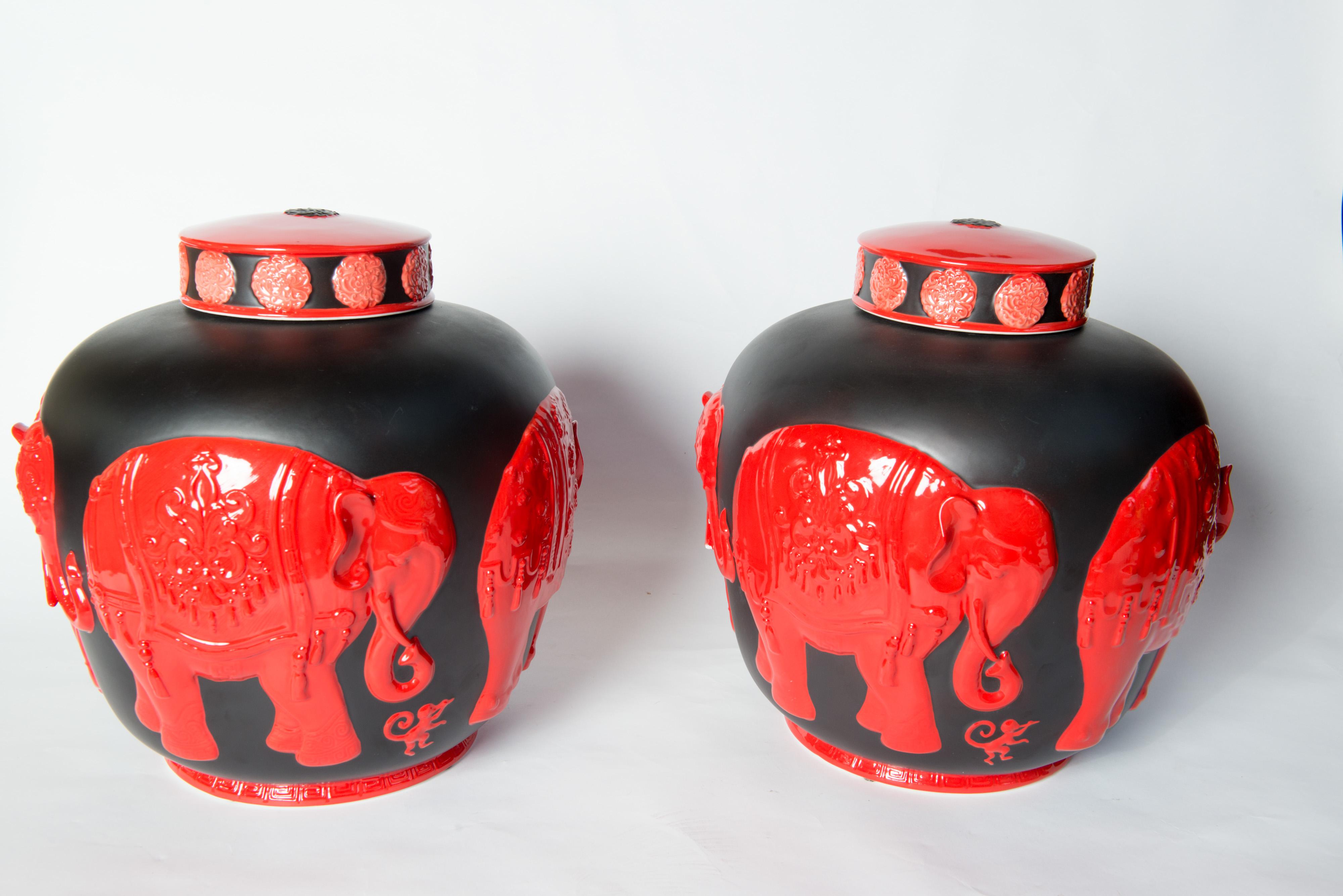 Pair of Jean Boggio Coral Red and Black Elephant Lidded Ginger Jars For Sale 3