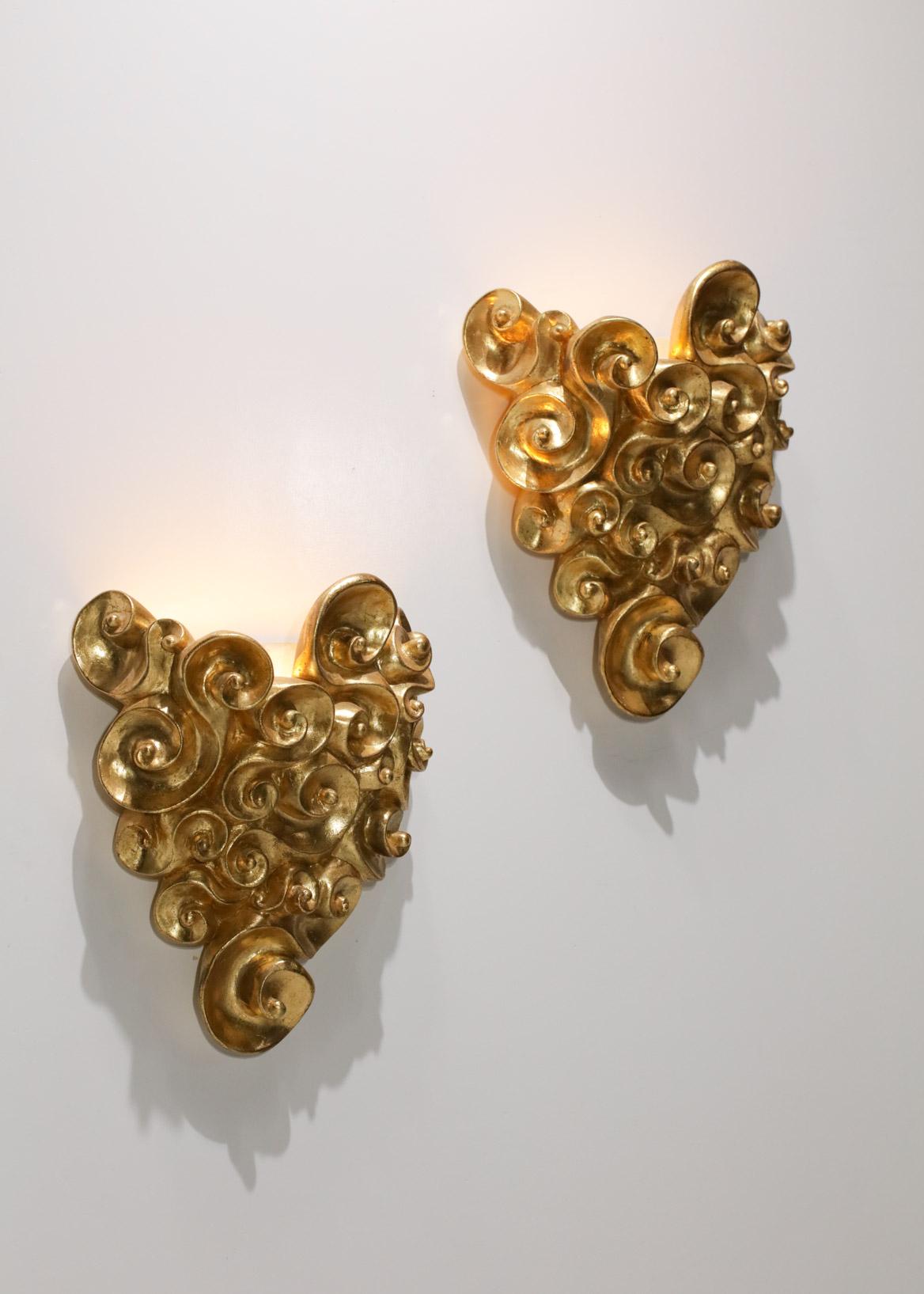 Baroque Pair of Jean Boggio Gilded Plaster Wall Lights for Les Héritiers