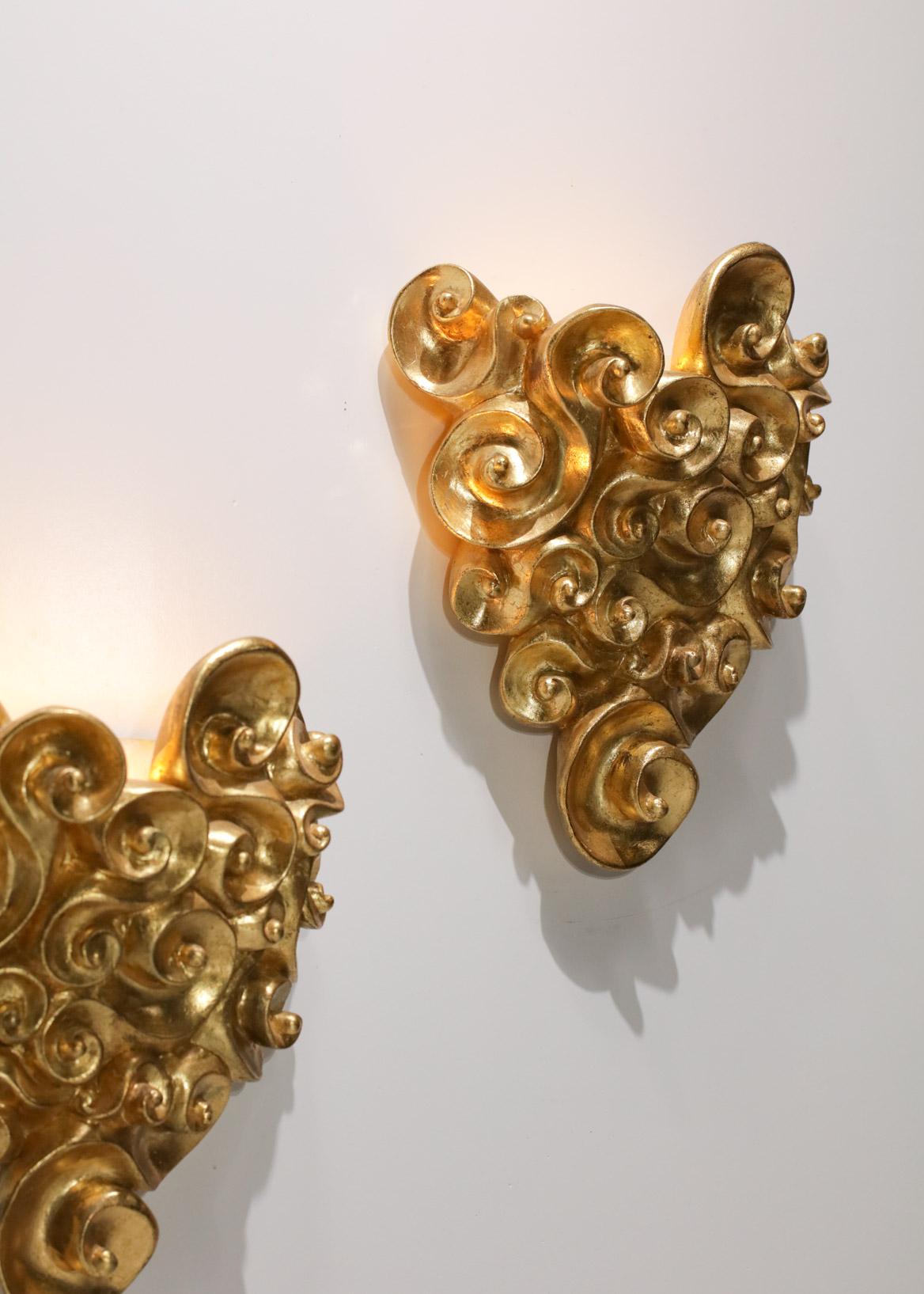 French Pair of Jean Boggio Gilded Plaster Wall Lights for Les Héritiers